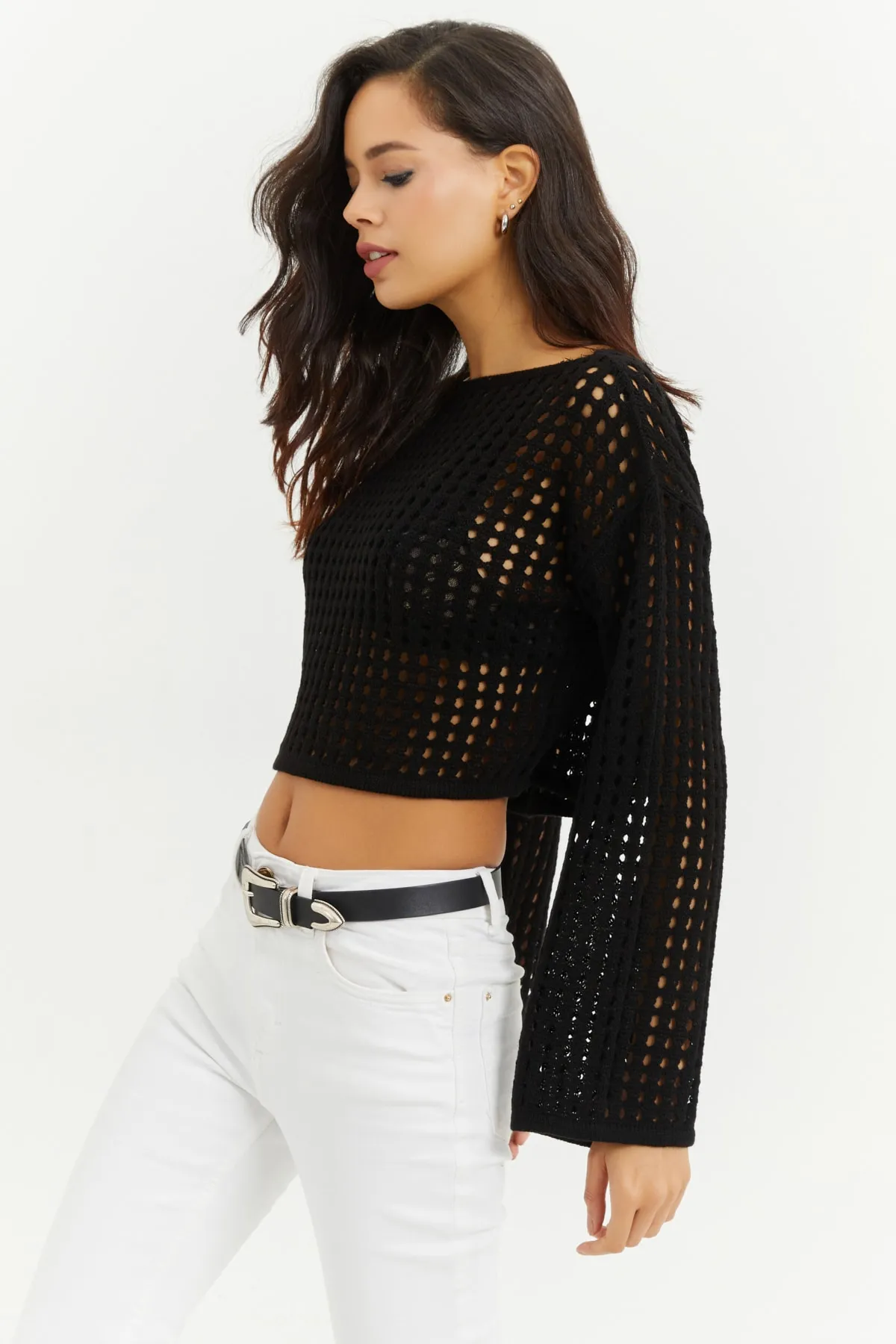Cool & Sexy  Schwarze durchbrochene Strick-Kurzbluse mit spanischen Ärmeln für Damen SMT181