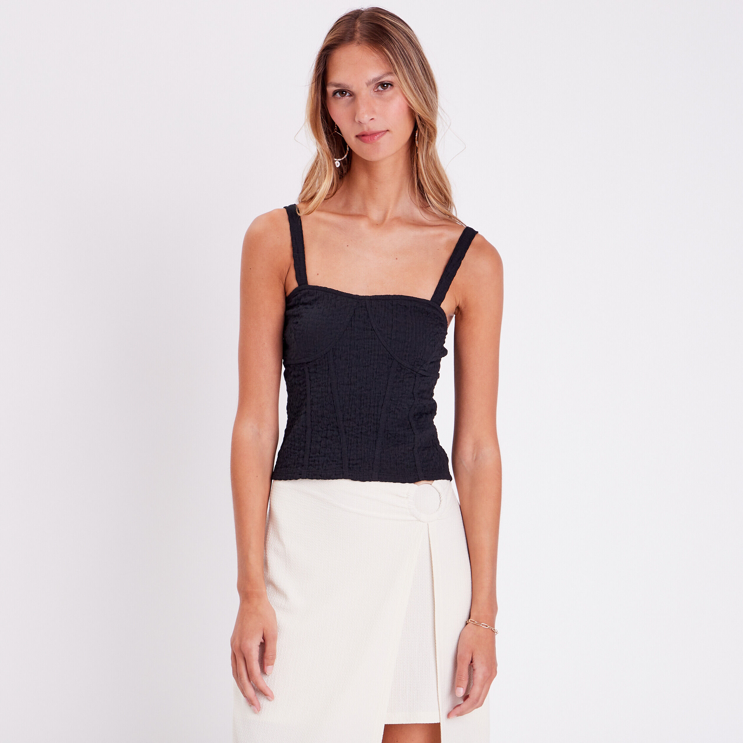 Débardeur bustier gauffré noir femme | Cache Cache