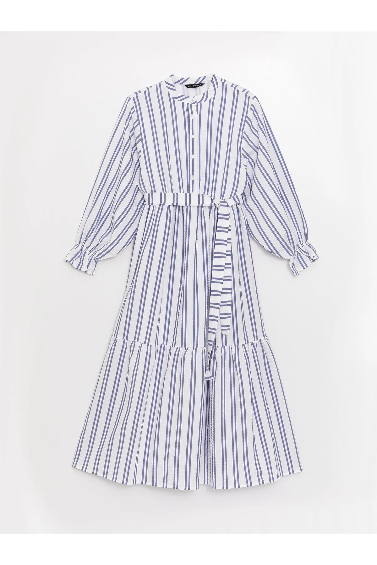 LC Waikiki  Prächtiges, langärmeliges Seersucker-Damenkleid mit Kragen und Streifen