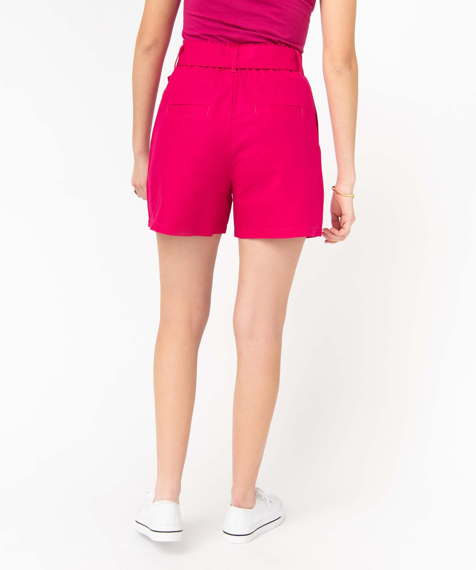 Short femme en coton et lin coupe large et taille haute rose | GEMO