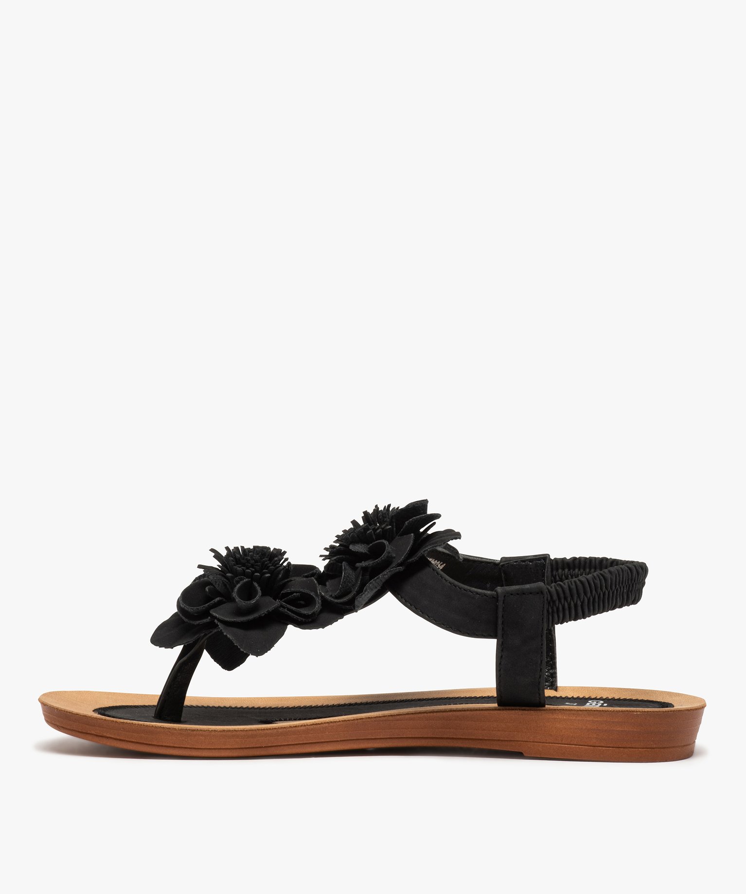 Sandales femme à entre-doigt ornées de fleurs en relief noir | GEMO