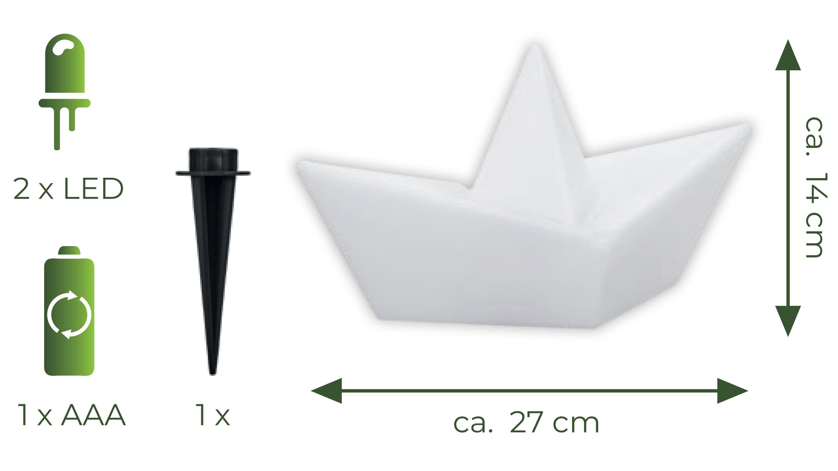 IC Gardenstyle LED Solarleuchte LED Solar Schwimmleuchte Schiffchen im Origami-Stil, LED fest integriert, RGBW (warm-weiß und bunt mit automatischen Farbwechsel), RGBW (warm-weiß und bunt), schwimmfähig, Dämmerungssensor, IP65, inkl. Erdspieß