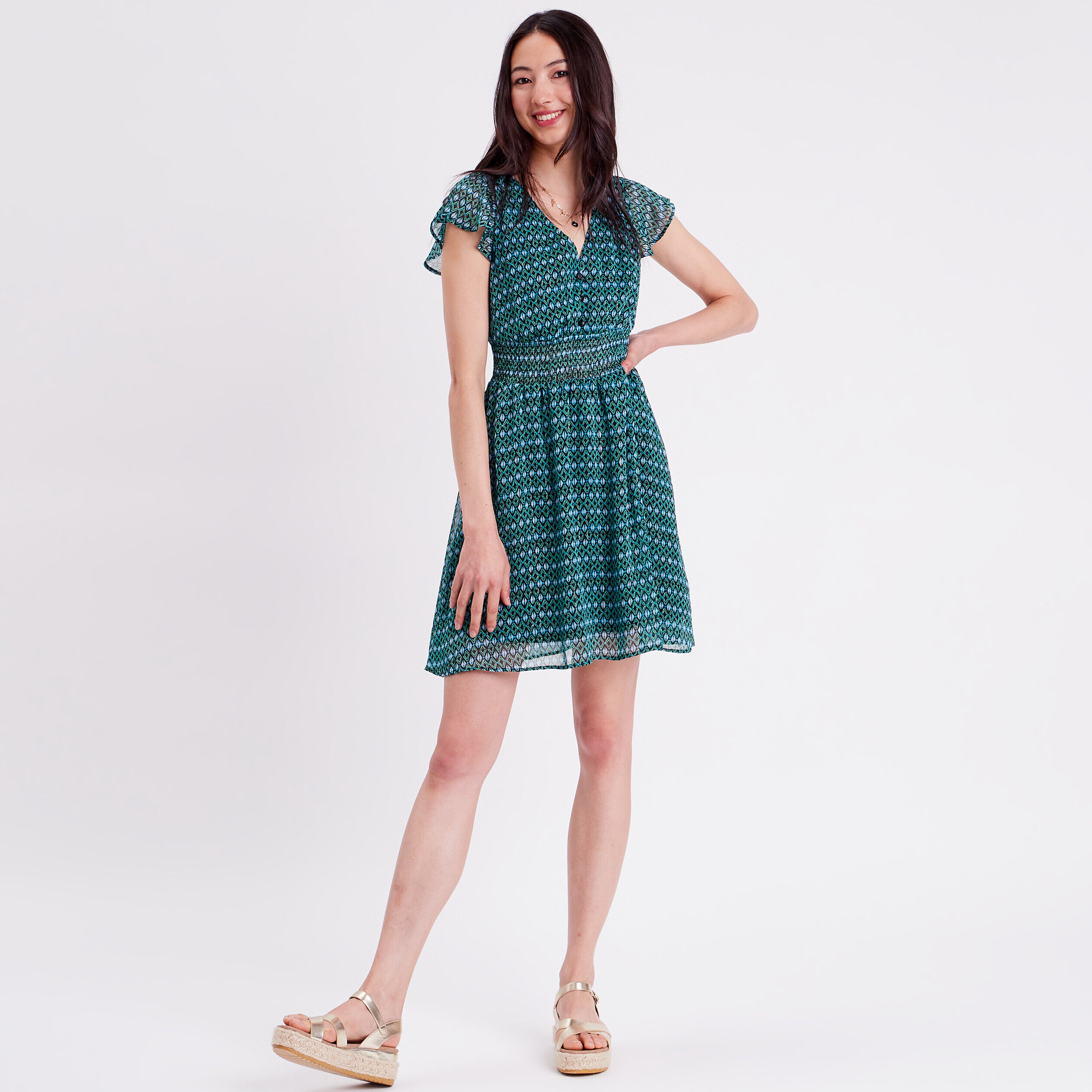 Robe évasée manches courtes bleu femme | Cache Cache
