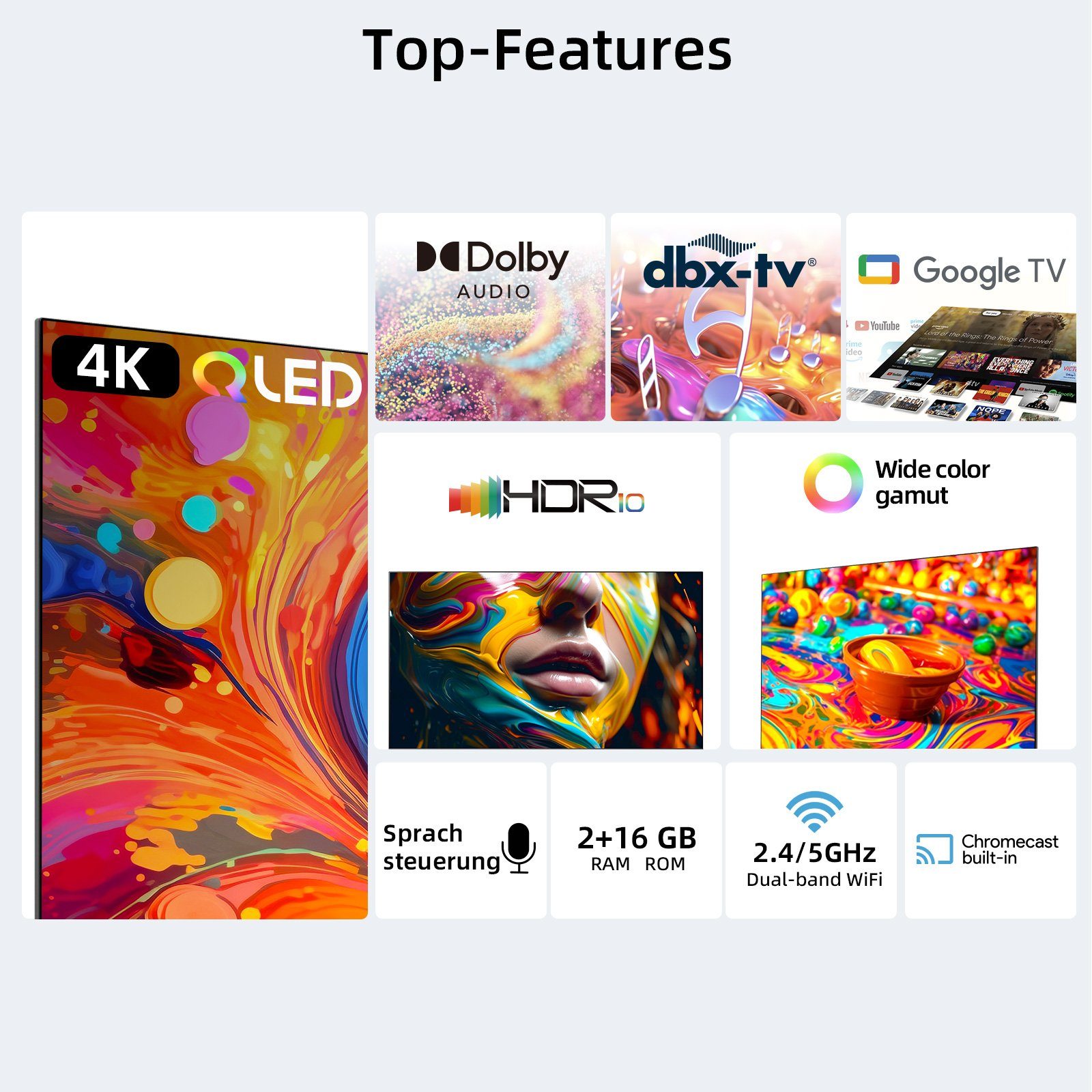 CHiQ U43QM8G QLED-Fernseher (108,00 cm/43 Zoll, 4K Ultra HD, Smart-TV, Google TV, 330nit, WCG,Metall Rahmenlos Design,Google Assistant)