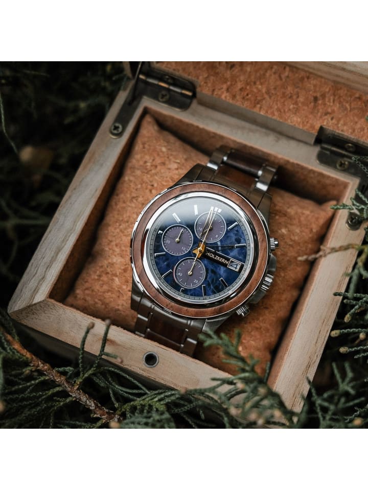 Holzkern Herren-Chronograph Solar Koh Mak Walnuss/Marmor Blau / Mehrfarbig / Silber günstig kaufen onesize