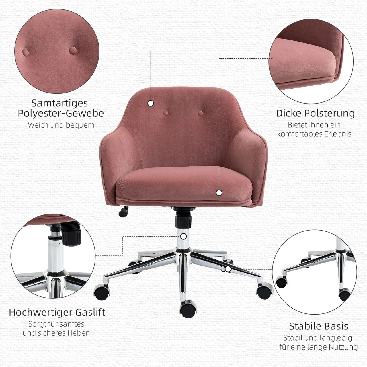 Vinsetto Bürostuhl mit Wippenfunktion Samt-Touch-Polyester Nylon Rot 61 x 59 x 80,5-90,5 cm