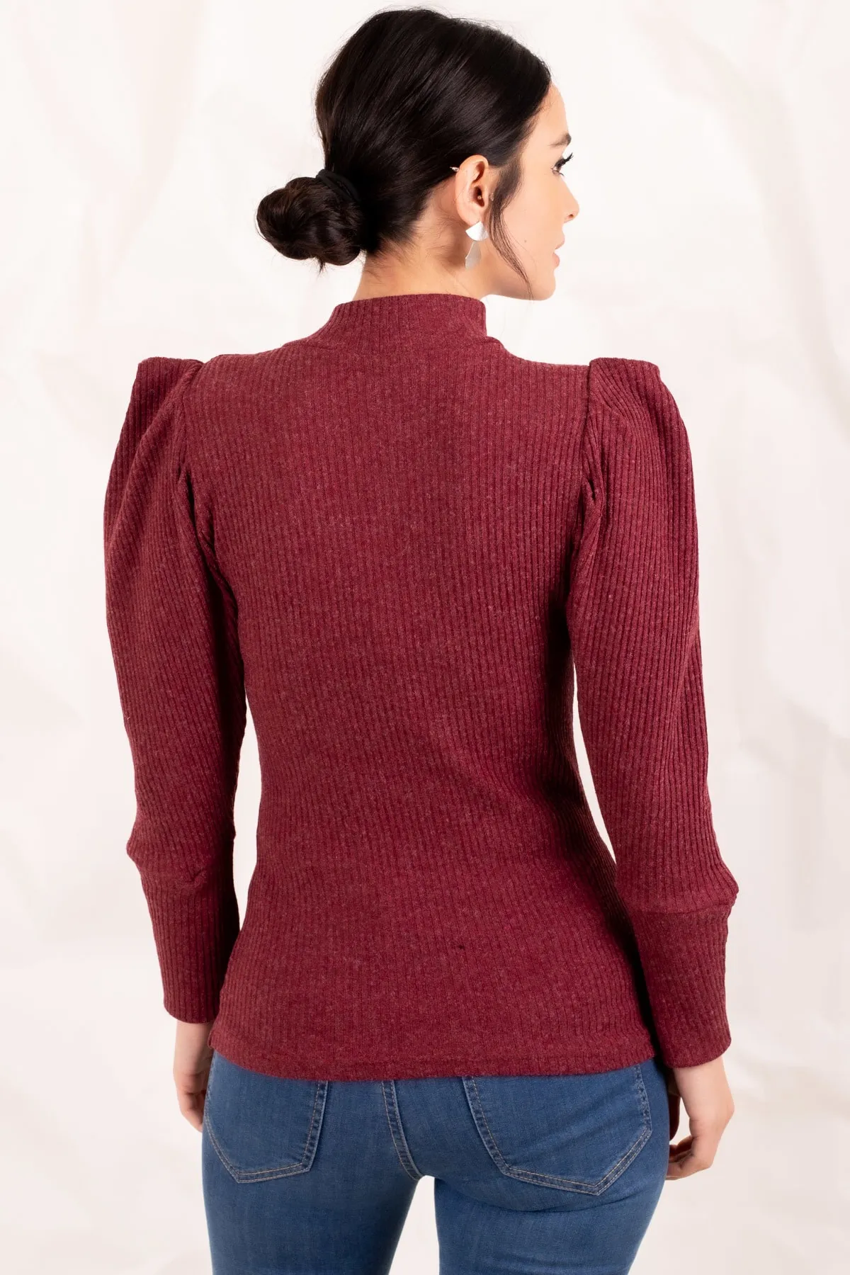 armonika  Burgunderroter Strickpullover mit Wassermelonenärmeln für Damen ARM-20K001103