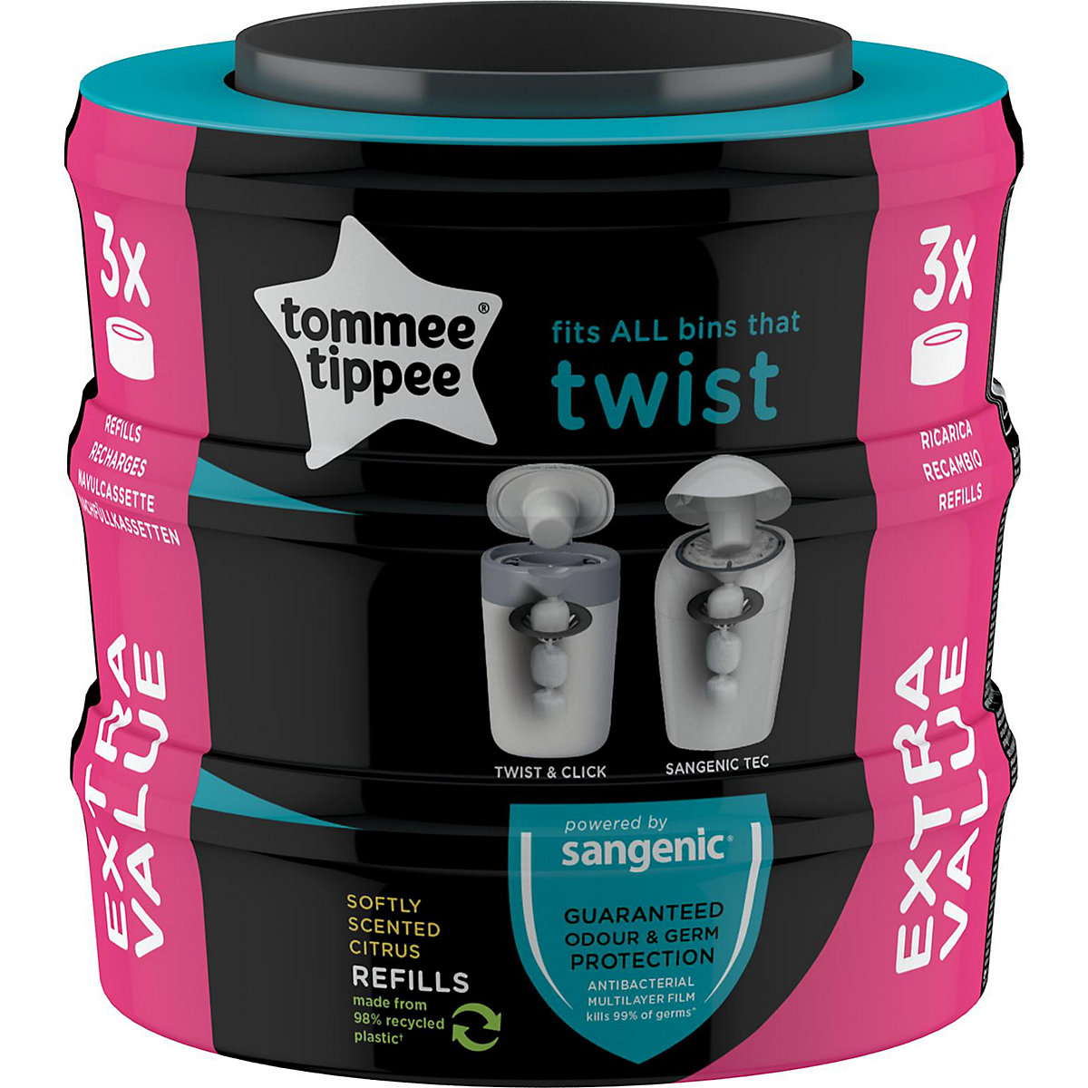Tommee Tippee Nachfüllkassetten für Twist & Click Und Sangenic Tec Windeleimer, 3er Set