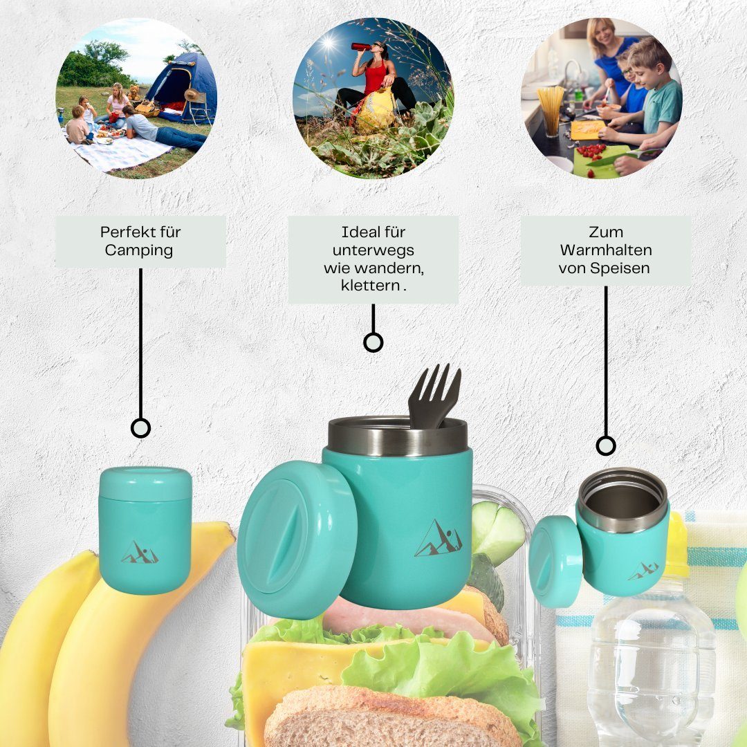 Behrenland Kühlbox Thermobehälter 500 ml - Edelstahl Warmhaltebehälter-Thermo Lunchbox, Inklusive zusammenklappbarem Löffel im Deckelfach