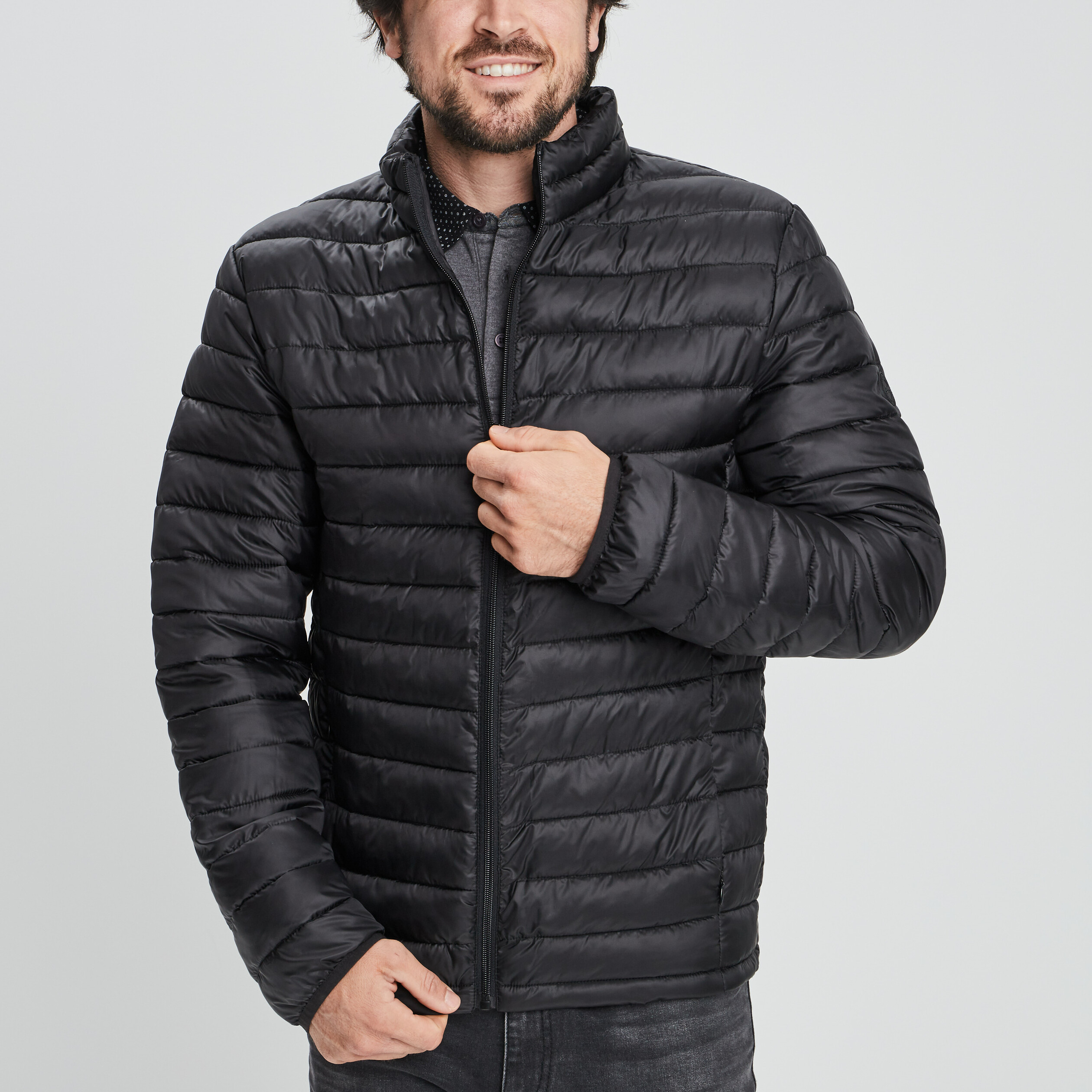 Doudoune droite légère col montant noir homme | La Halle