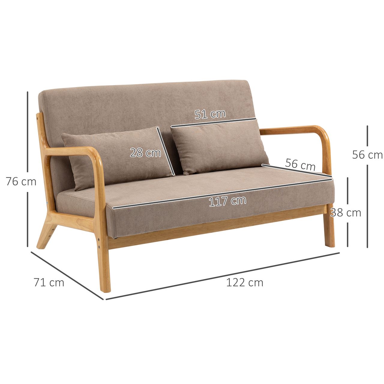 HOMCOM 2-Sitzer Sofa Zweisitzer mit Kissen, Doppelsofa mit Samtoptik Hellgrau