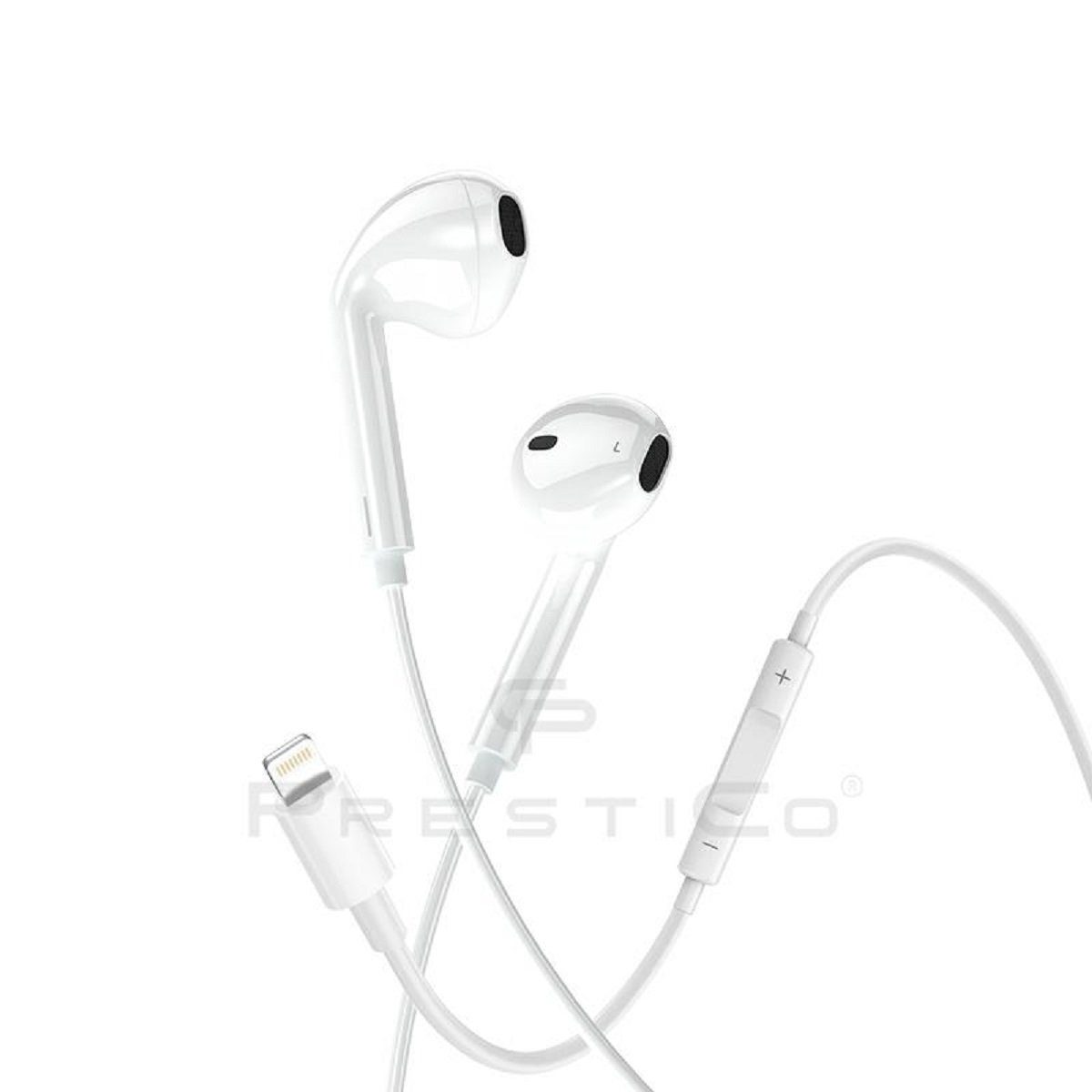 PrestiCo HF3 mit Lightning-Anschluss Kopfhörer Weiß In-Ear-Kopfhörer (Kabelgebunden, In-Ear-Kopfhörer, Intergrierte Steuerung für Anrufe und Musik, Lightning-Ohrhörer, Stereo-Kopfhörer, für iPhone Apple Earpods)