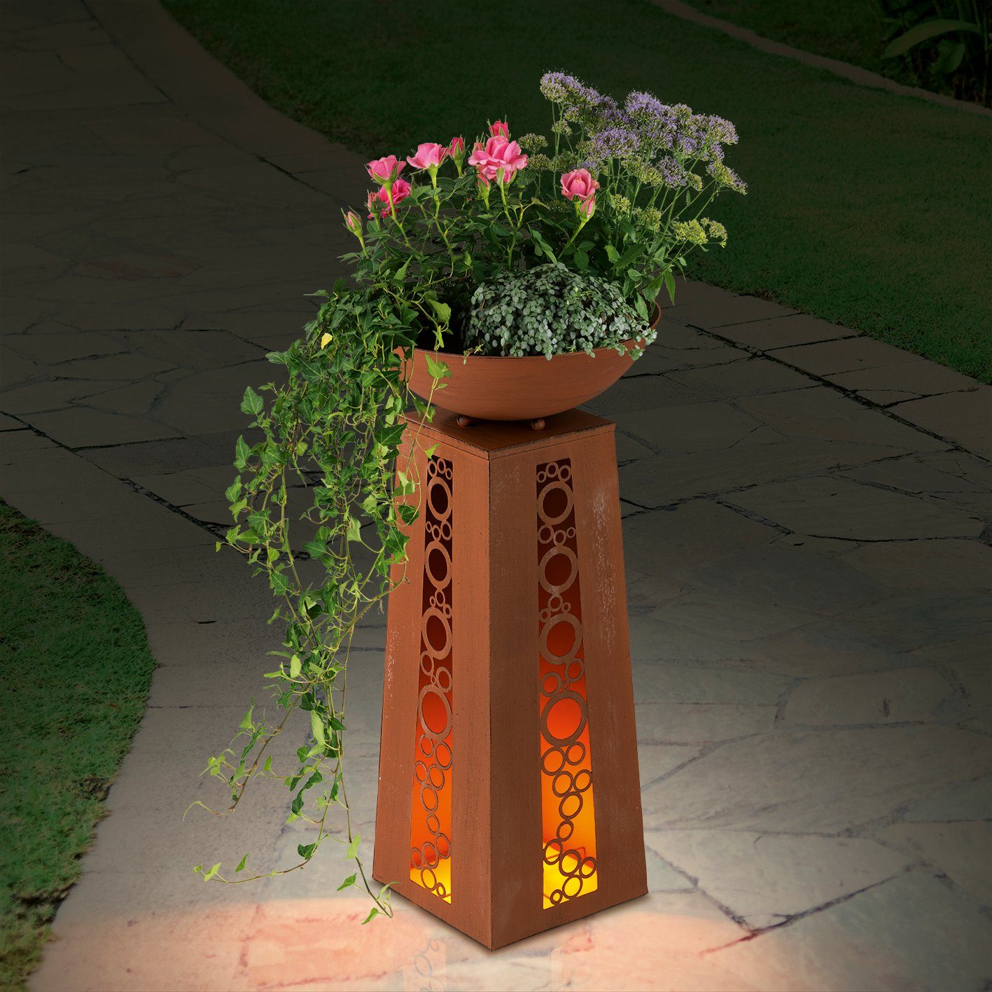 EASYmaxx Dekosäule Flamme, Pflanzschale Garten Deko Kübel Säule LED 69 cm Rost-Optik