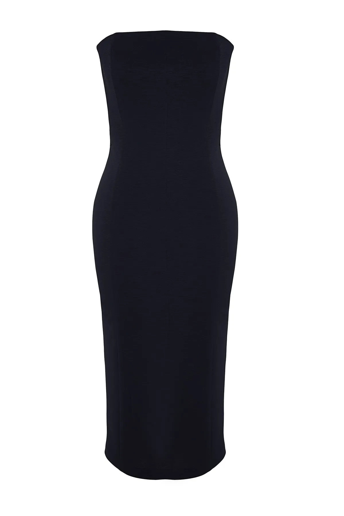 Trendyol Collection  Marineblauer, einfarbiger Premium-Struktur-Crêpe, eleganter, trägerloser Gippeli-Midi-Strick TWOSS23EL02381