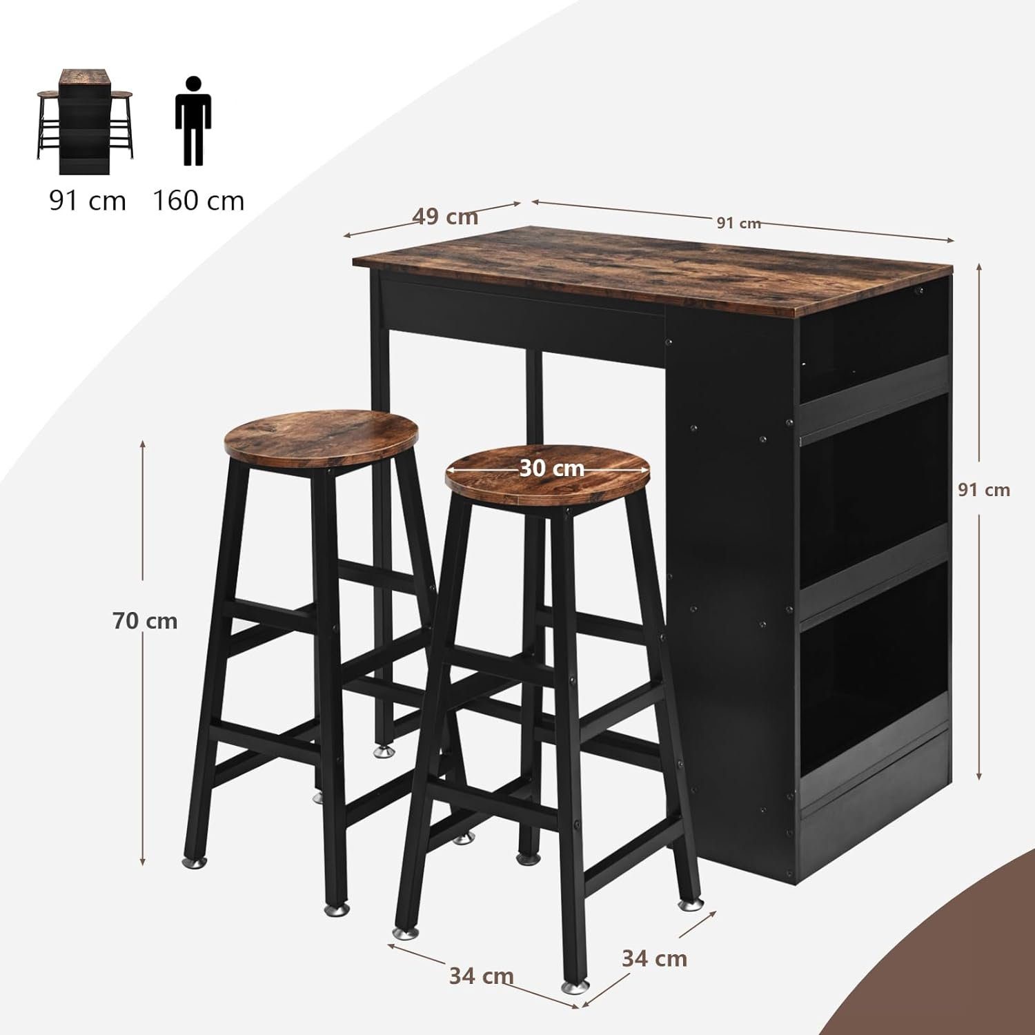 KOMFOTTEU Bartisch Thekentisch (Set 3-Teilig), mit 2 Barhockern & 3 Ablagen