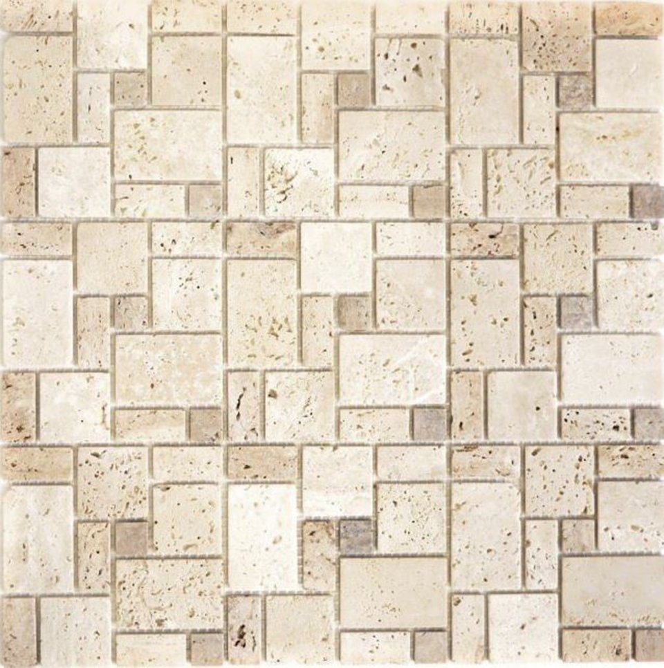 Mosani Mosaikfliesen Travertin Terrasse Wand Boden Naturstein beige braun Bad