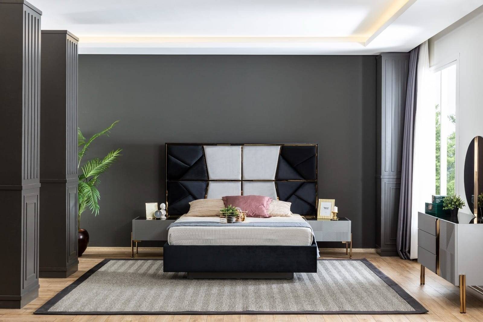 JVmoebel Schlafzimmer-Set Modernes Schlafzimmer Set Designer Bett 2x Nachttische Kleiderschrank, (4-St., 1x Bett + 2x Nachttische + 1x Kleiderschrank), Made in Europa