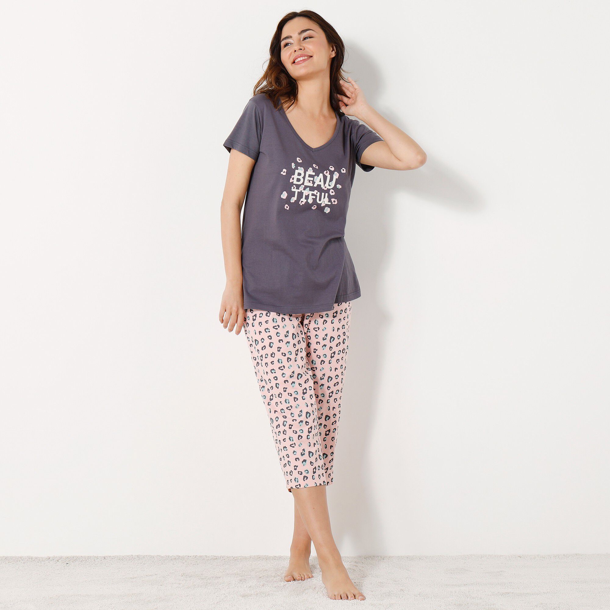 Tee-shirt manches courtes coton uni imprimé placé 