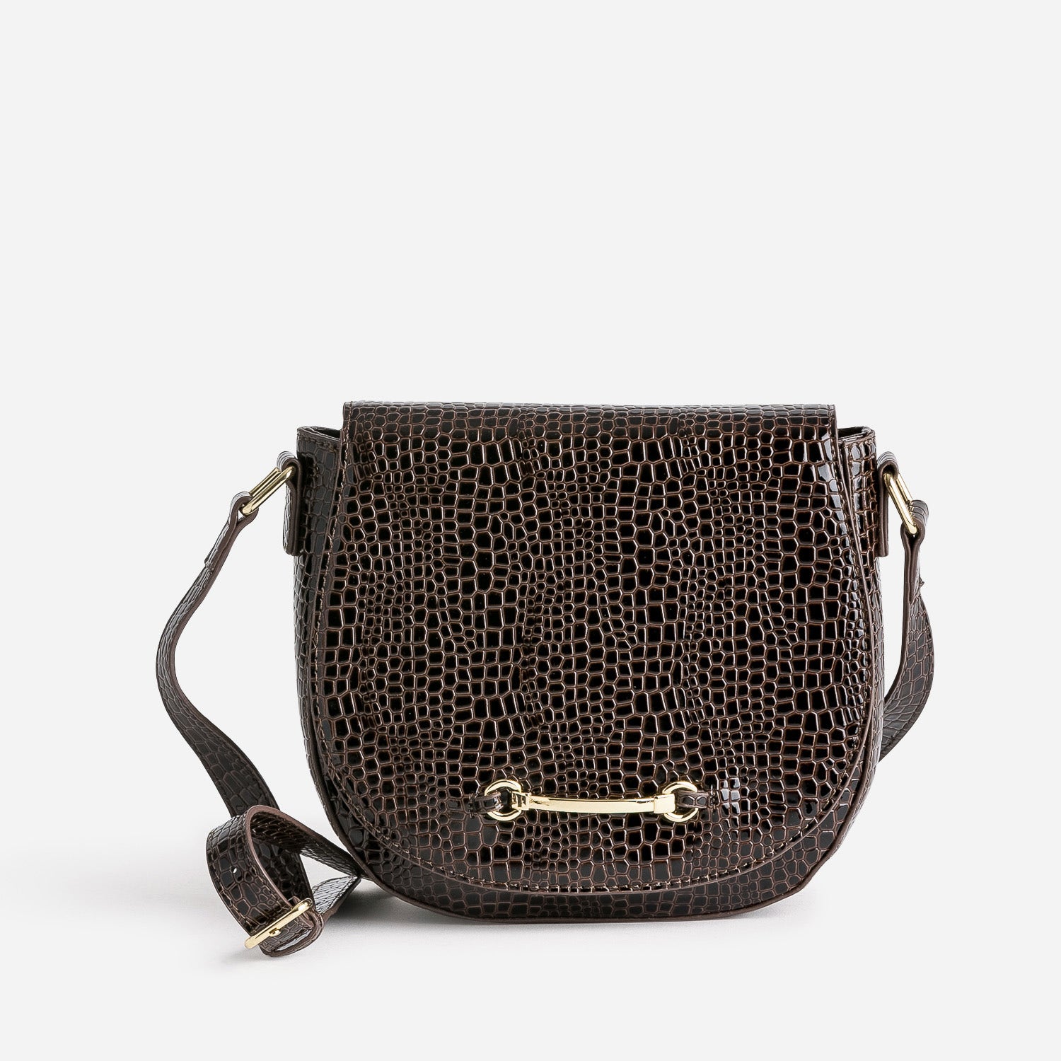 Sac bandoulière marron verni embossé effet python