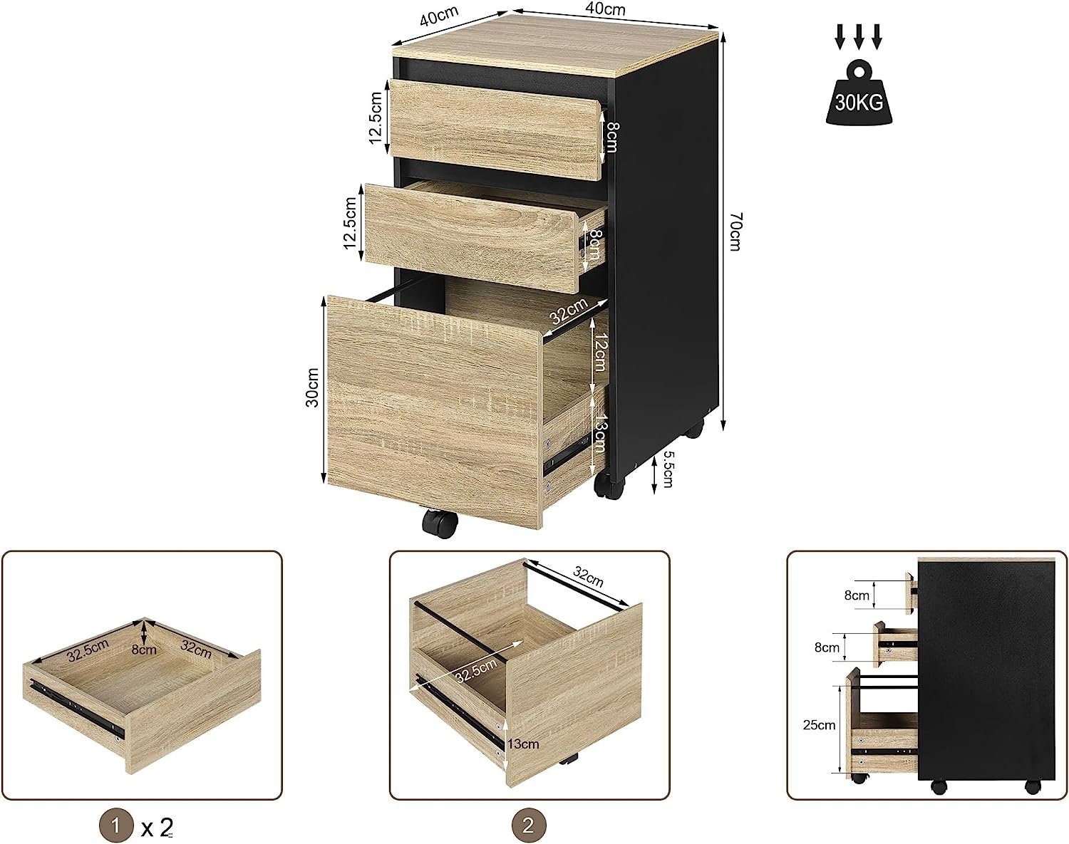 Woltu Aktenschrank (1-St) mobiler Schrank, Rollcontainer mit 3 Schubladen