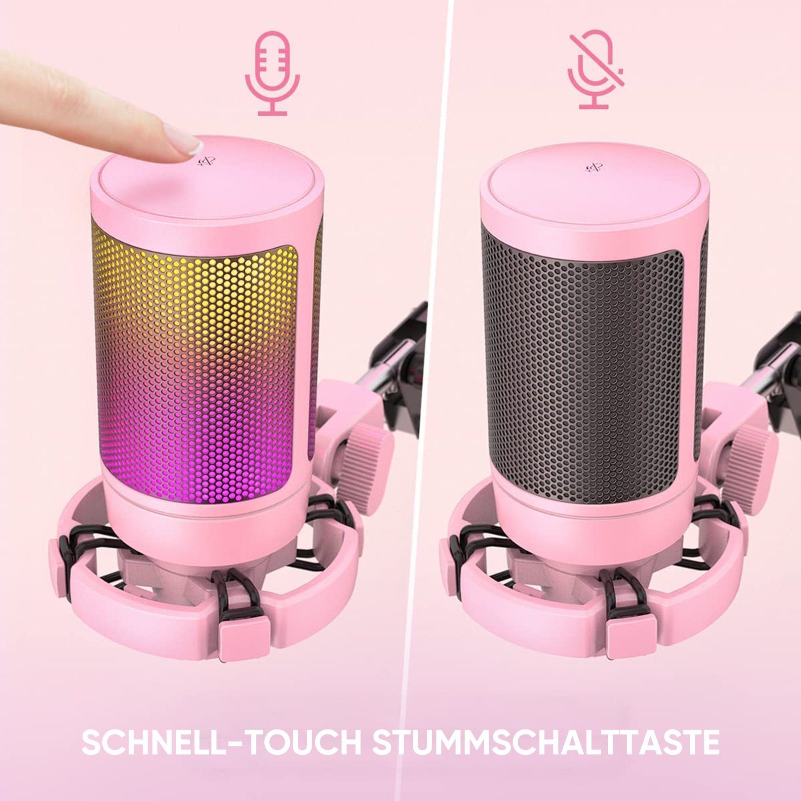 FIFINE Mikrofon USB Mikrofon Streaming mit Arm Kondensator Mikrofon Set PC Gaming RGB, Stummschalttaste, Popfilter und Stoßdämpferhalterung, Pink