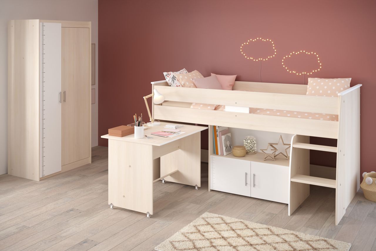 Parisot Hochbett mit 2-trg. Kleiderschrank, Charly 5 - mit ausziehbarem Schreibtisch