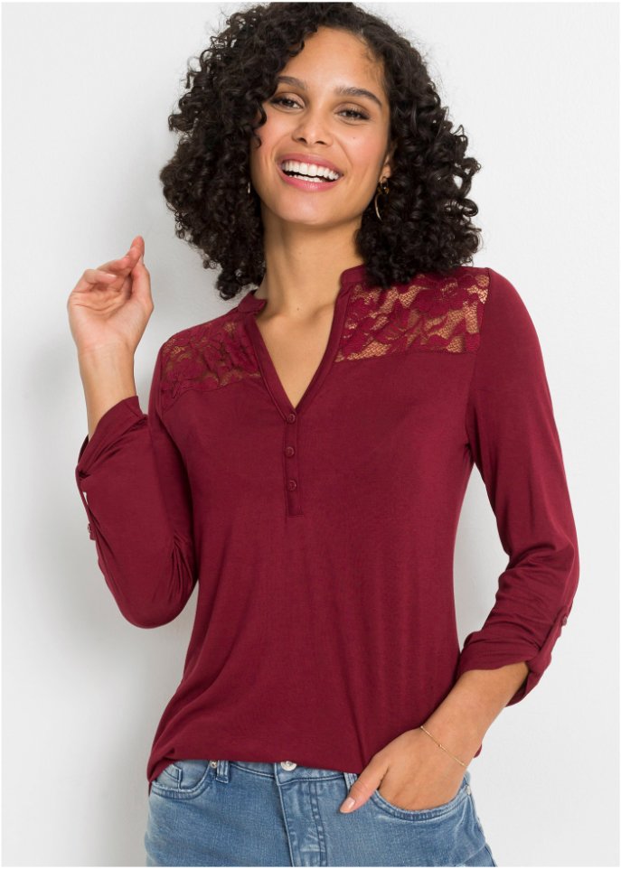 Henleyshirt mit Spitzeneinsatz