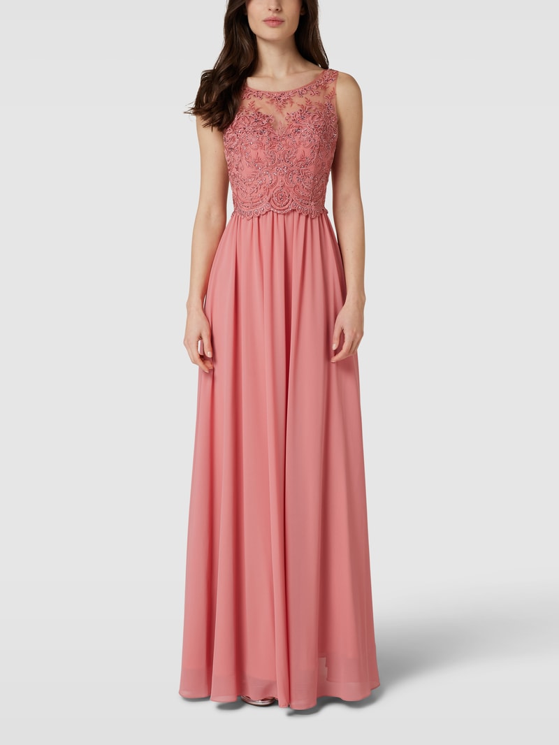 Abendkleid mit floralen Stickereien in lachs