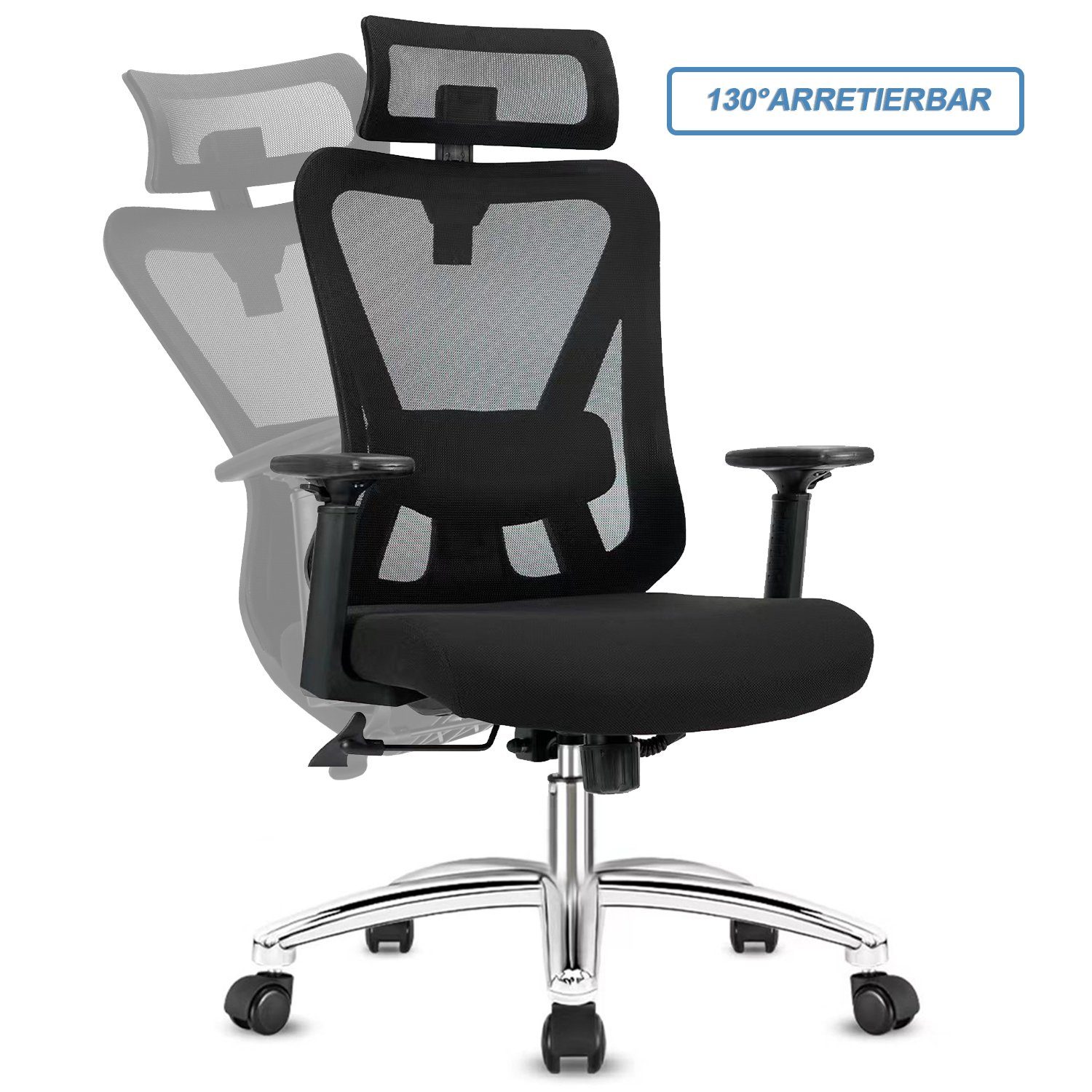Durrafy Chefsessel Bürostuhl,Ergonomische Bürostühle,Schreibtischstuhl,Computerstuhl, Drehstuhl, Wippfunktion von 90° bis 130°, 150kg belastbar, leise Rolle