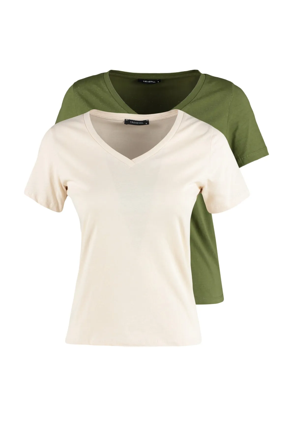 Trendyol Collection  Khaki-Beige, 100 % Baumwolle, 2er-Pack Basic-Strick-T-Shirts mit V-Ausschnitt TWOSS23TS00002