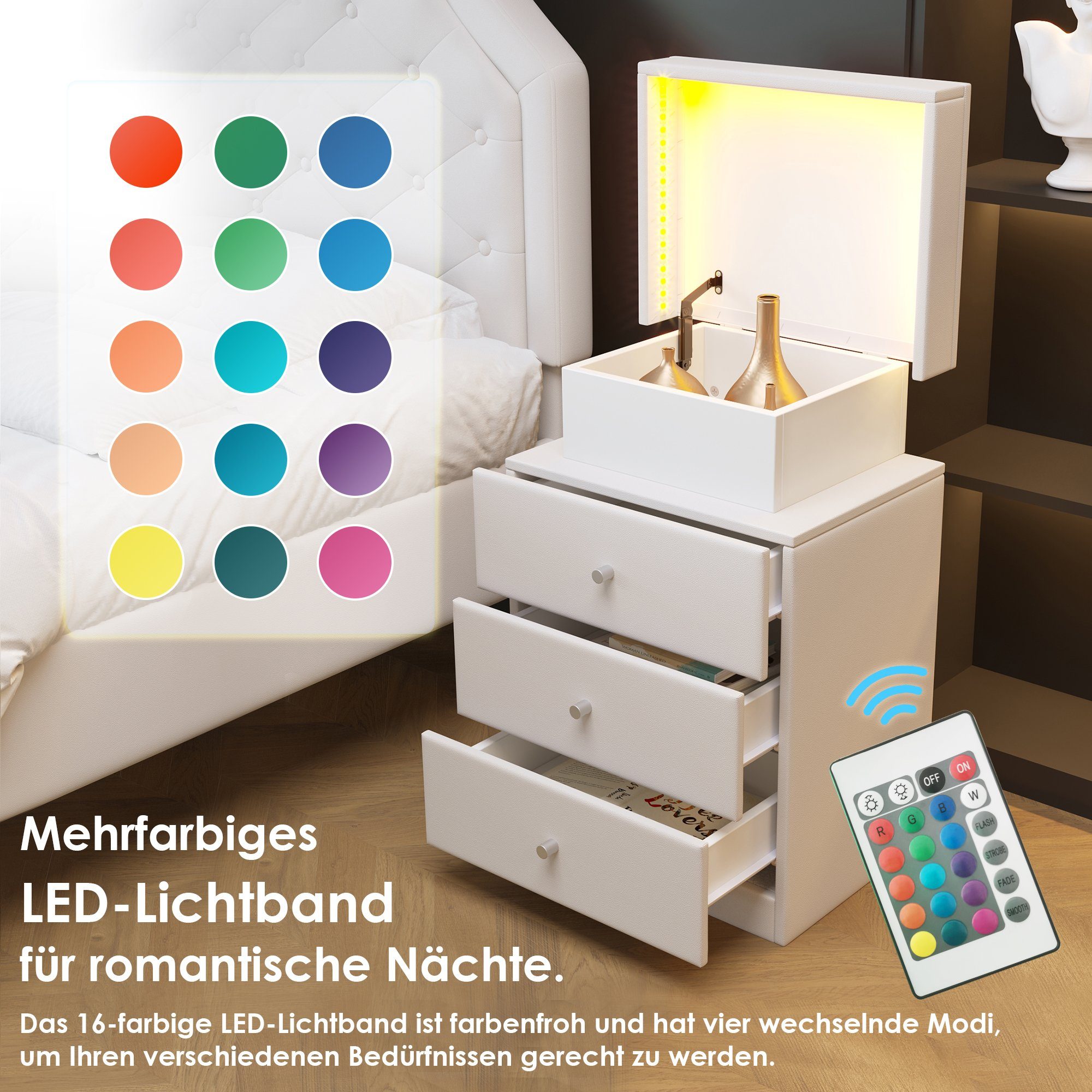 Flieks Schlafzimmer-Set, Polsterbett 140x200cm + LED Nachttisch + Betthocker, Kunstleder