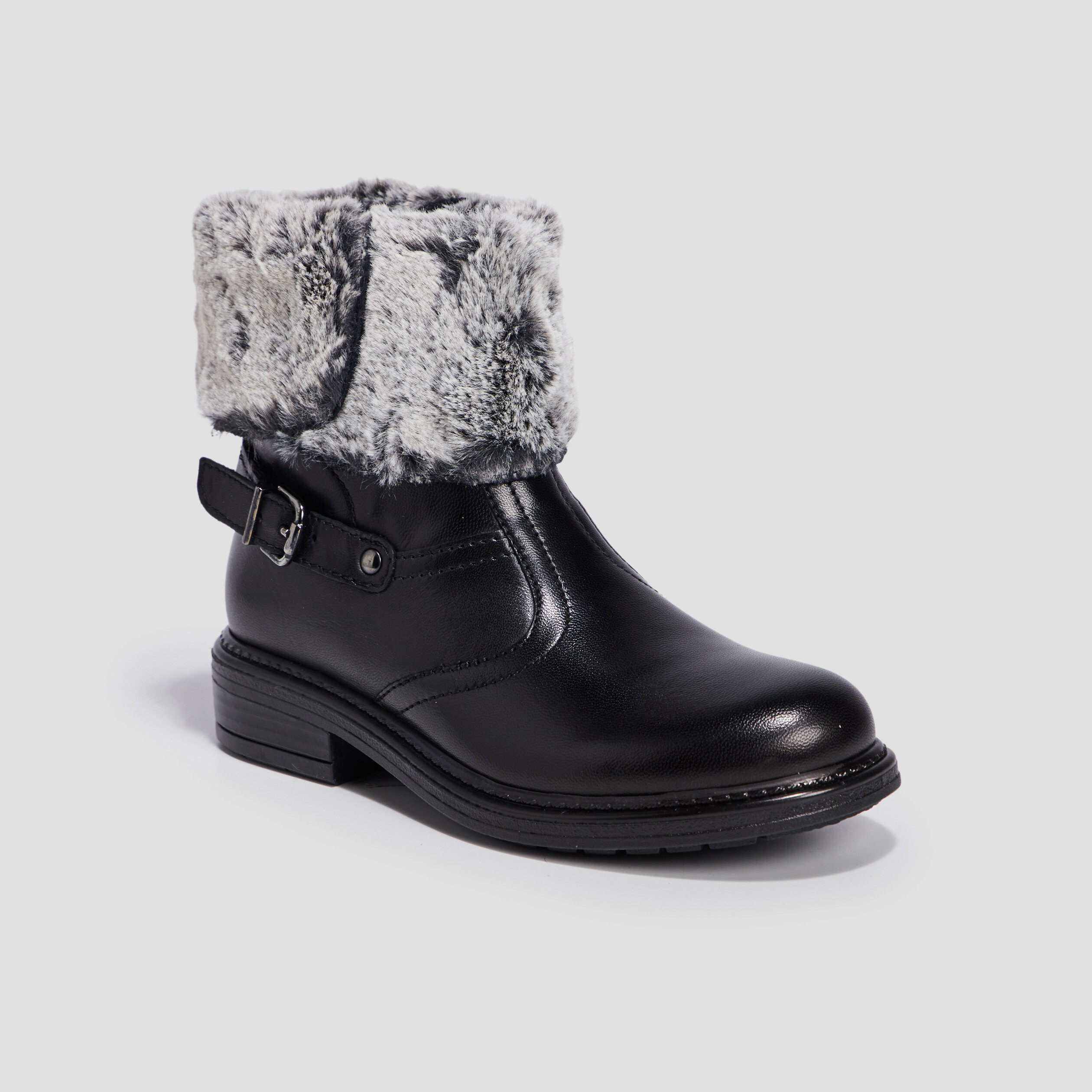 Bottines à fourrure en cuir noir fille | La Halle