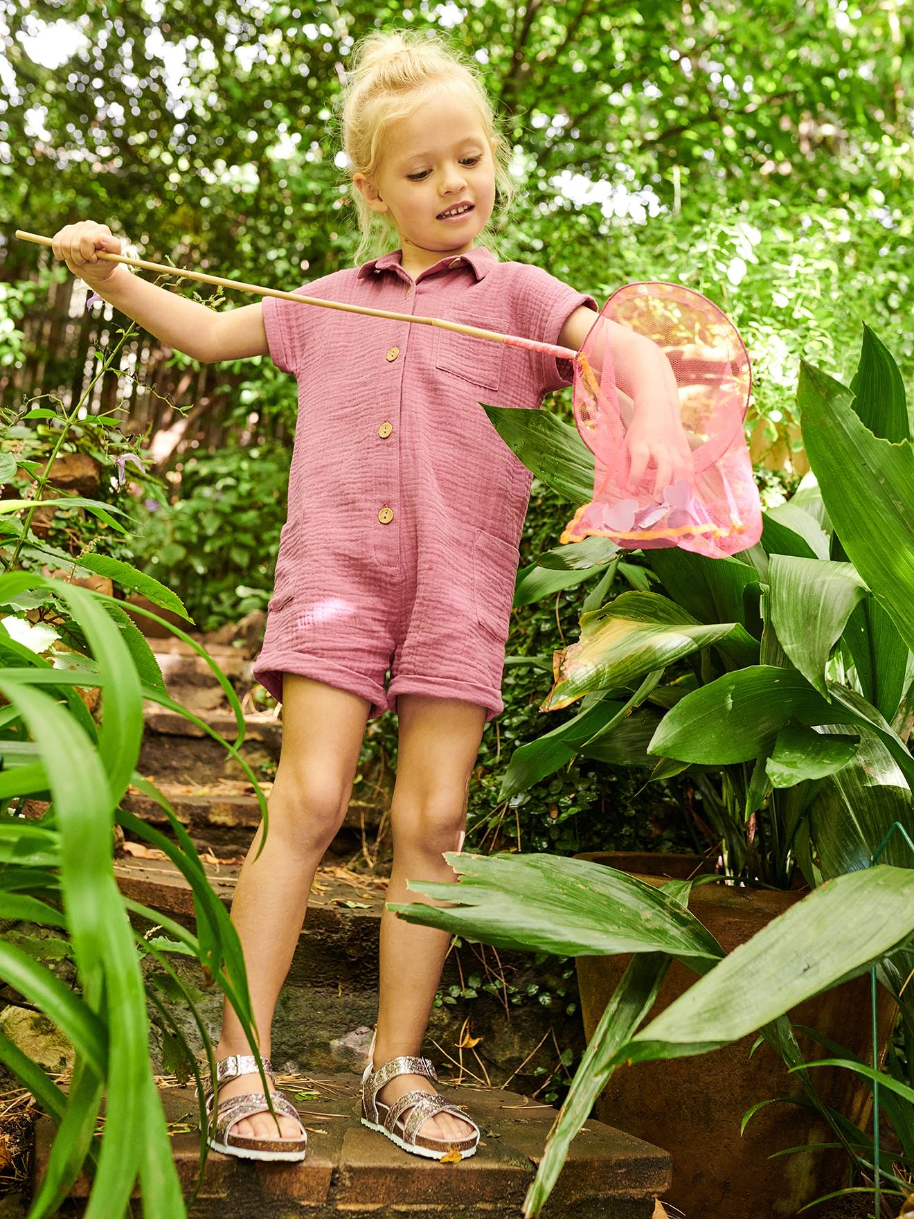 Combishort en gaze de coton fille pivoine