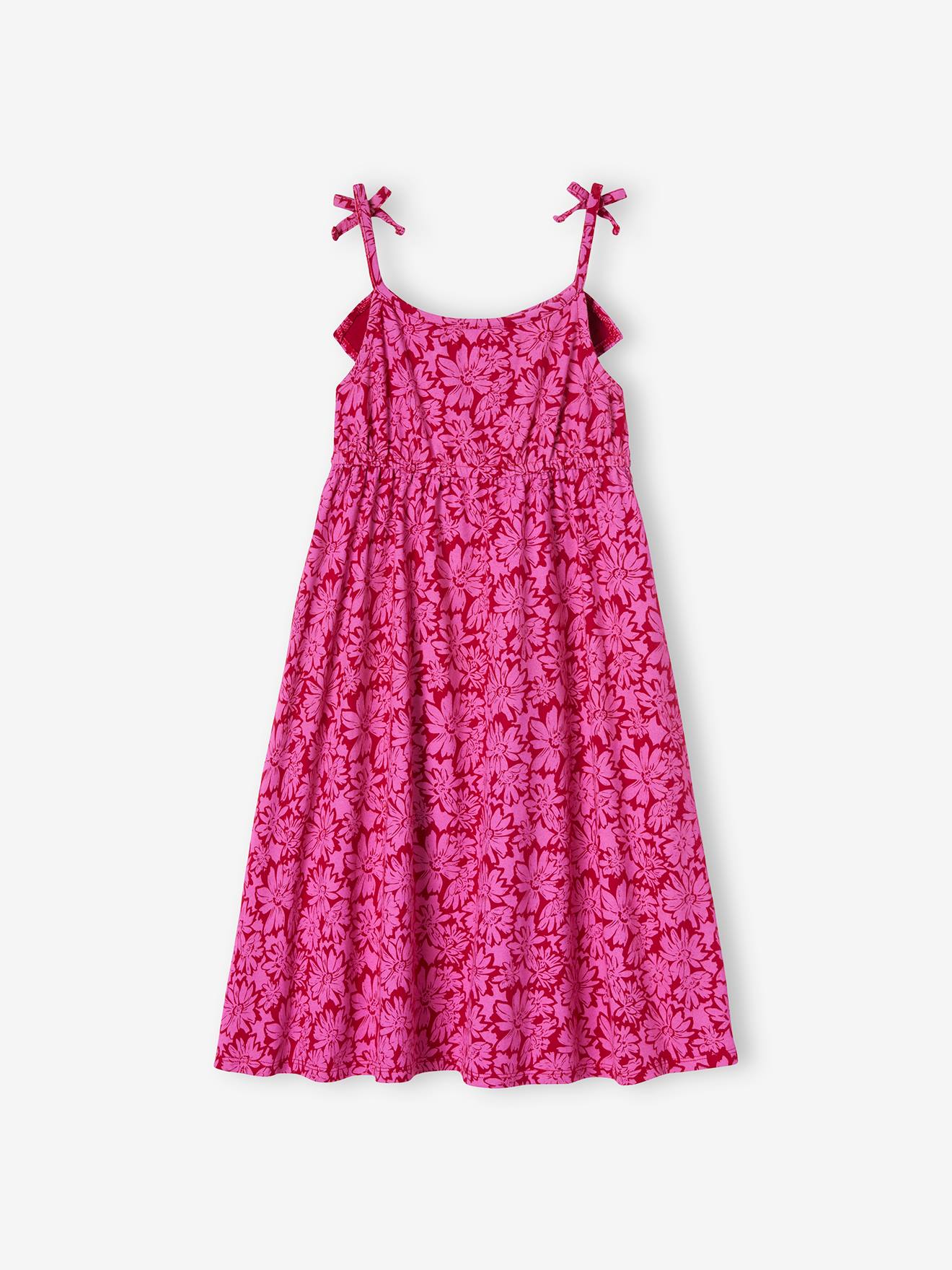 Robe mi-longue à bretelles imprimée fleurs fille framboise