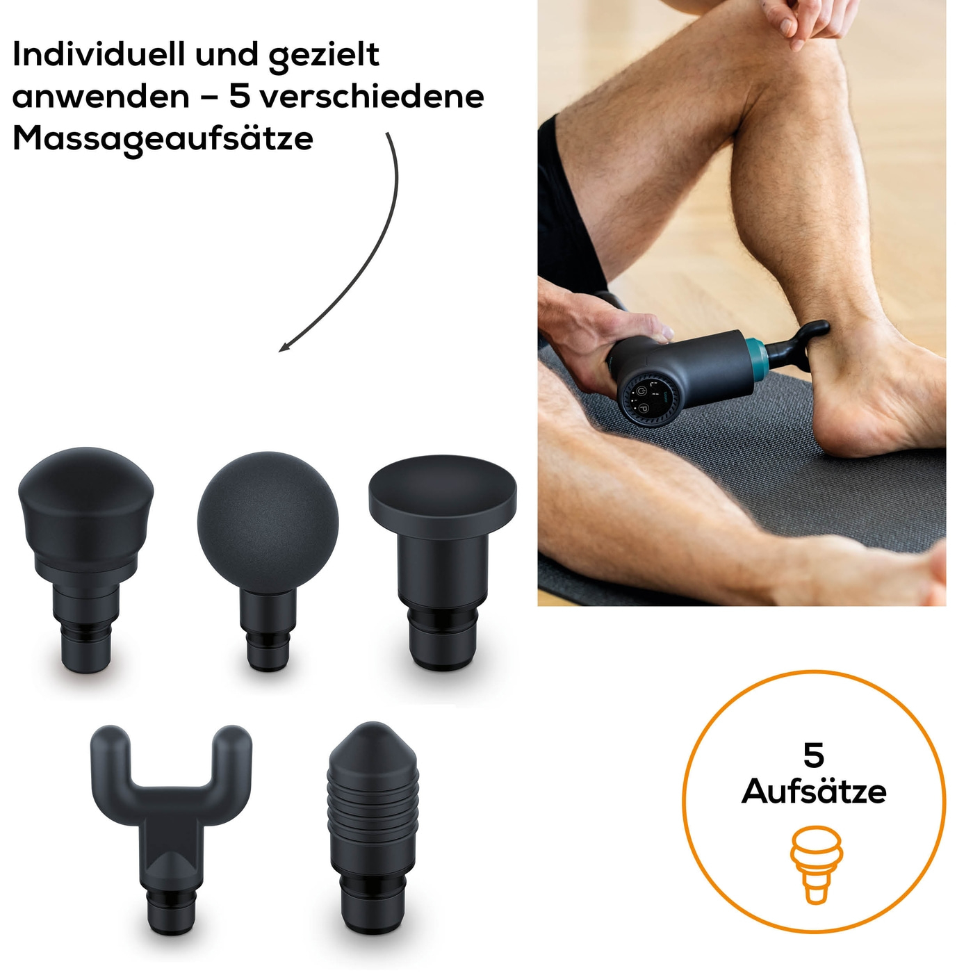Beurer MG 185 MASSAGE GUN-Ergonomische Massagepistole zur Muskelentspannung mit 5 Aufsätzen & 9 Stufen