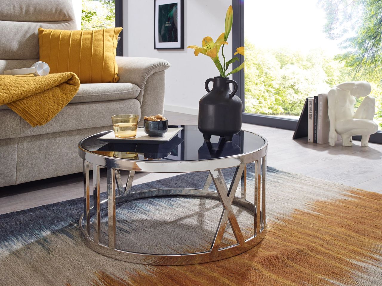 Skyport WOHNLING Couchtisch Glas Sofatisch Ø 60 cm Tisch Wohnzimmertisch Rund Silber