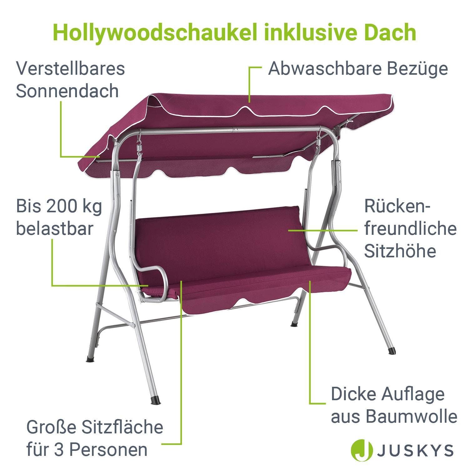 Juskys Hollywoodschaukel Cecina, 3-Sitzer, bis 200 kg, mit Dach und Sitzauflage, für Garten und Terrasse