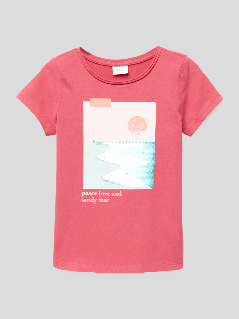 T-Shirt mit Applikation aus Pailletten in fuchsia
