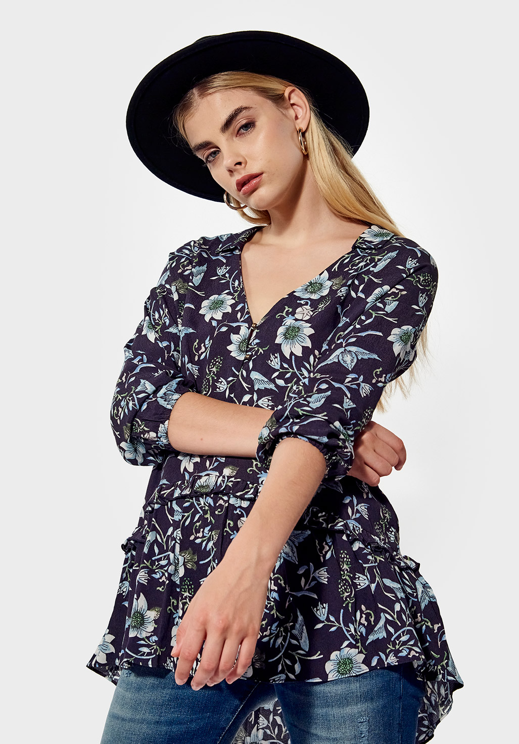 SIJAN  Blouse loose Femme fleurie bleue