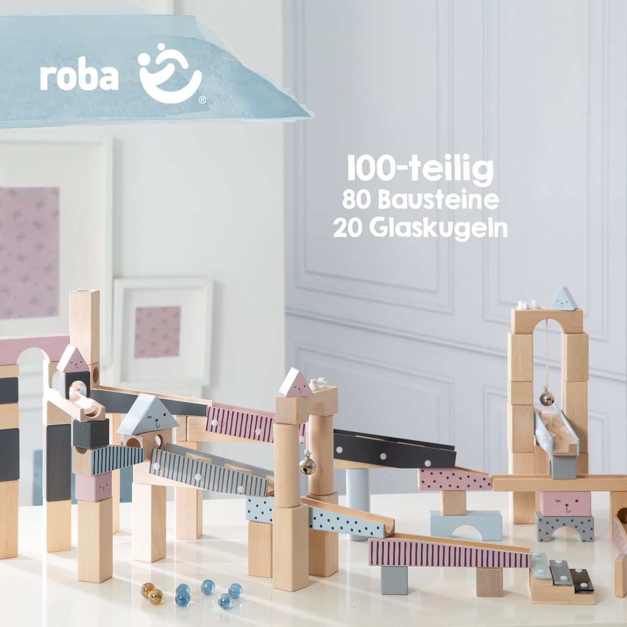 Roba Kugelbahn pastellfarben, Holzkugelbahn groß, 100-teilig, Murmelbahn, Motorikspielzeug variabel aufbaubar