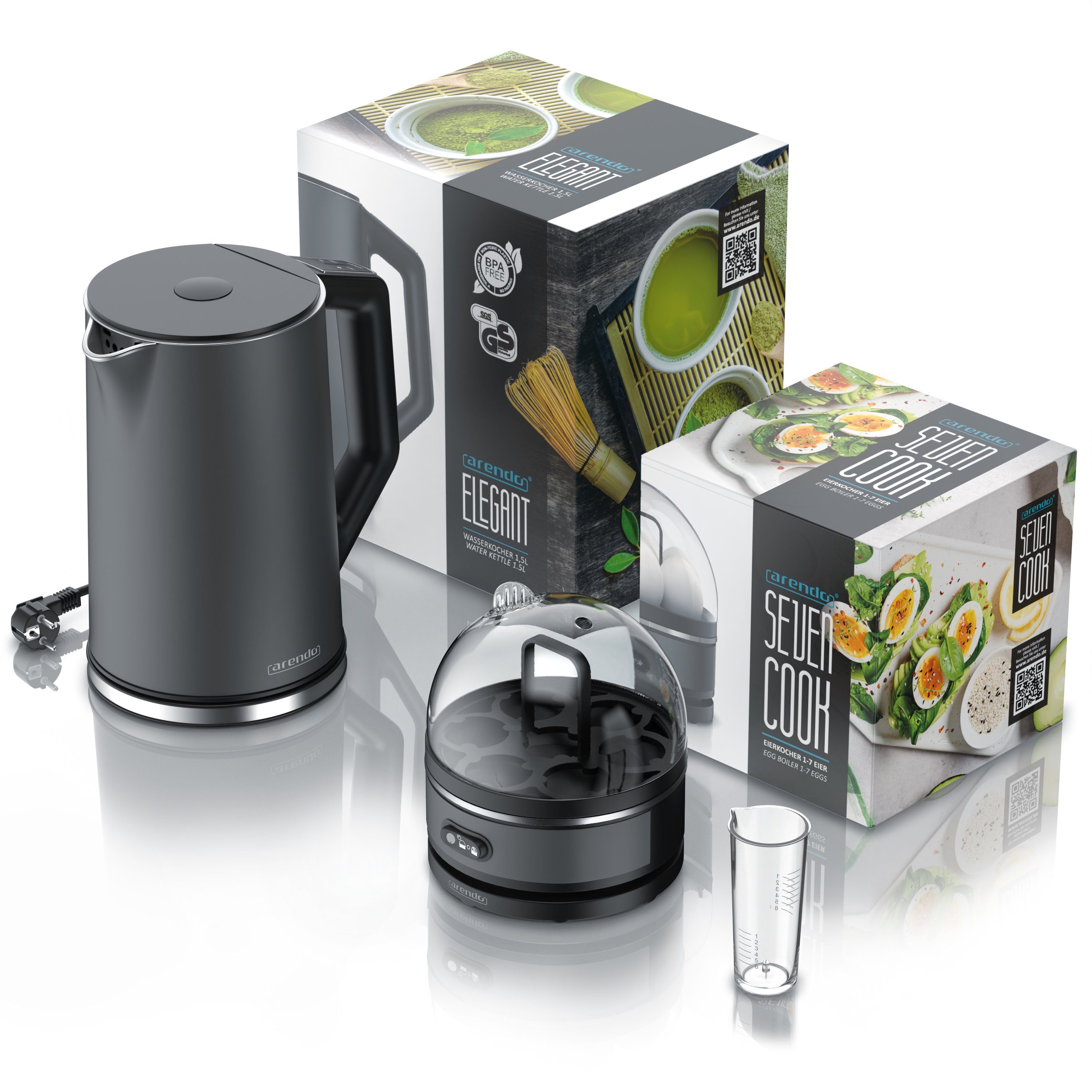 Arendo Frühstücks-Set (2-tlg), Edelstahl Wasserkocher 1,5l, 7er Eierkocher, Grau