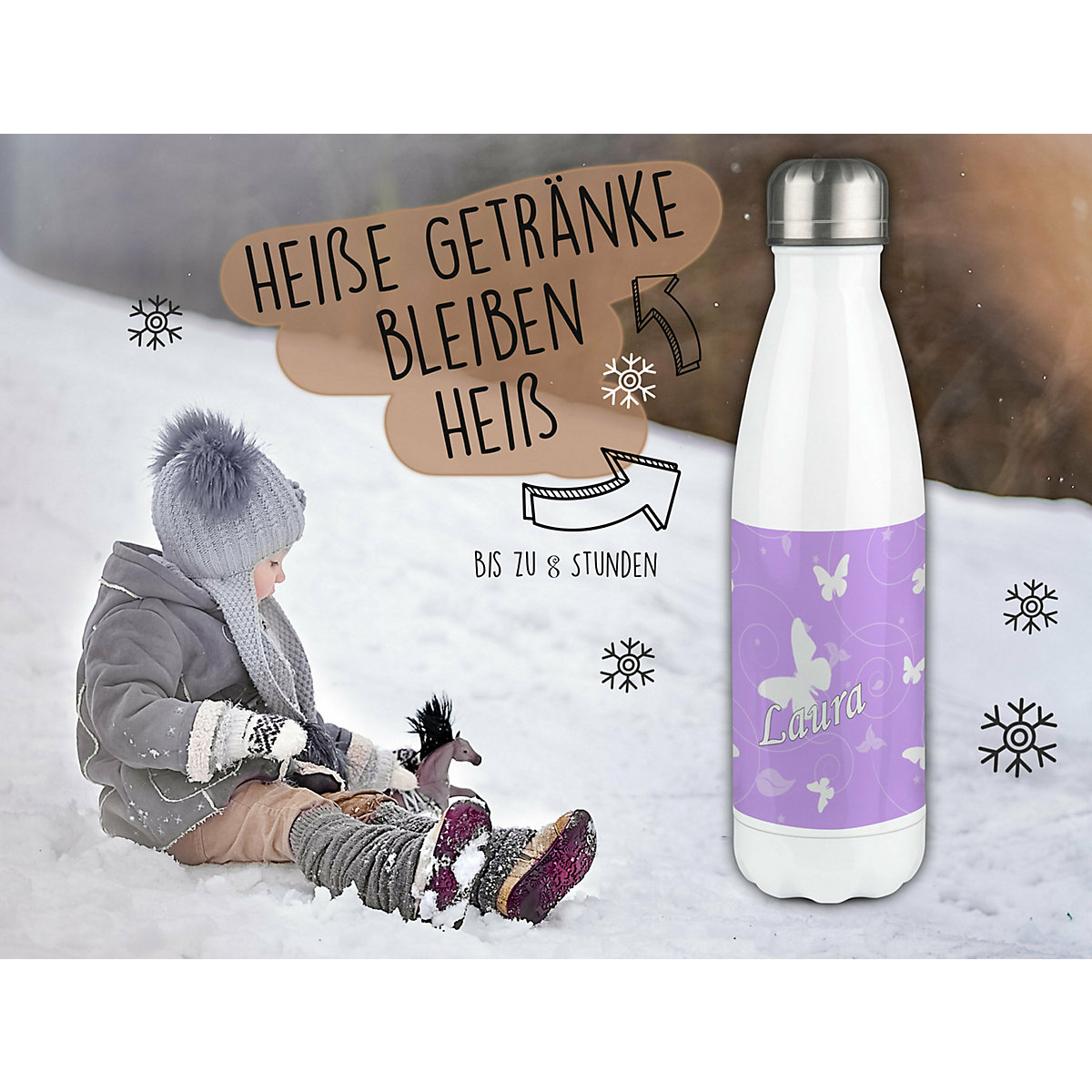 Edelstahl Kinder Thermoflasche / Trinkflasche bunt Schmetterling Ornamente Farbe flieder Spülmaschinenfest, Auslaufsicher, Bruchfest, Doppelwandig, Für Heißgetränke geeignet, Mit Deckel, Isoliert