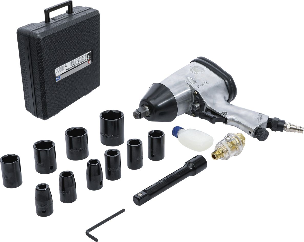 BGS „Pasidaryk pats“ 3211 pneumatinių smūginių veržliasukių rinkinys su galvučių rinkiniu 9–27 mm, 12,5 mm (1/2 colio), 312 Nm, 16 dalių