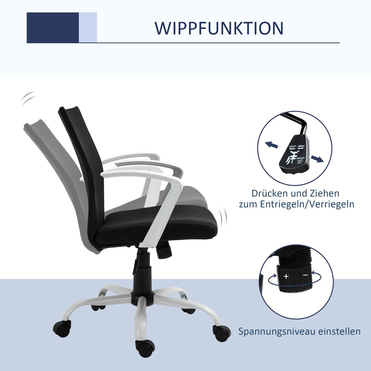 HOMCOM Bürostuhl Schreibtischstuhl Netzrückenstütze mit Wippenfunktion Kopflehne Home-Office-Stuhl höhenverstellbarer ergonomisch 360°-Drehräder Schaumstoff Nylon Schwarz 61 x 61 x 89-99 cm