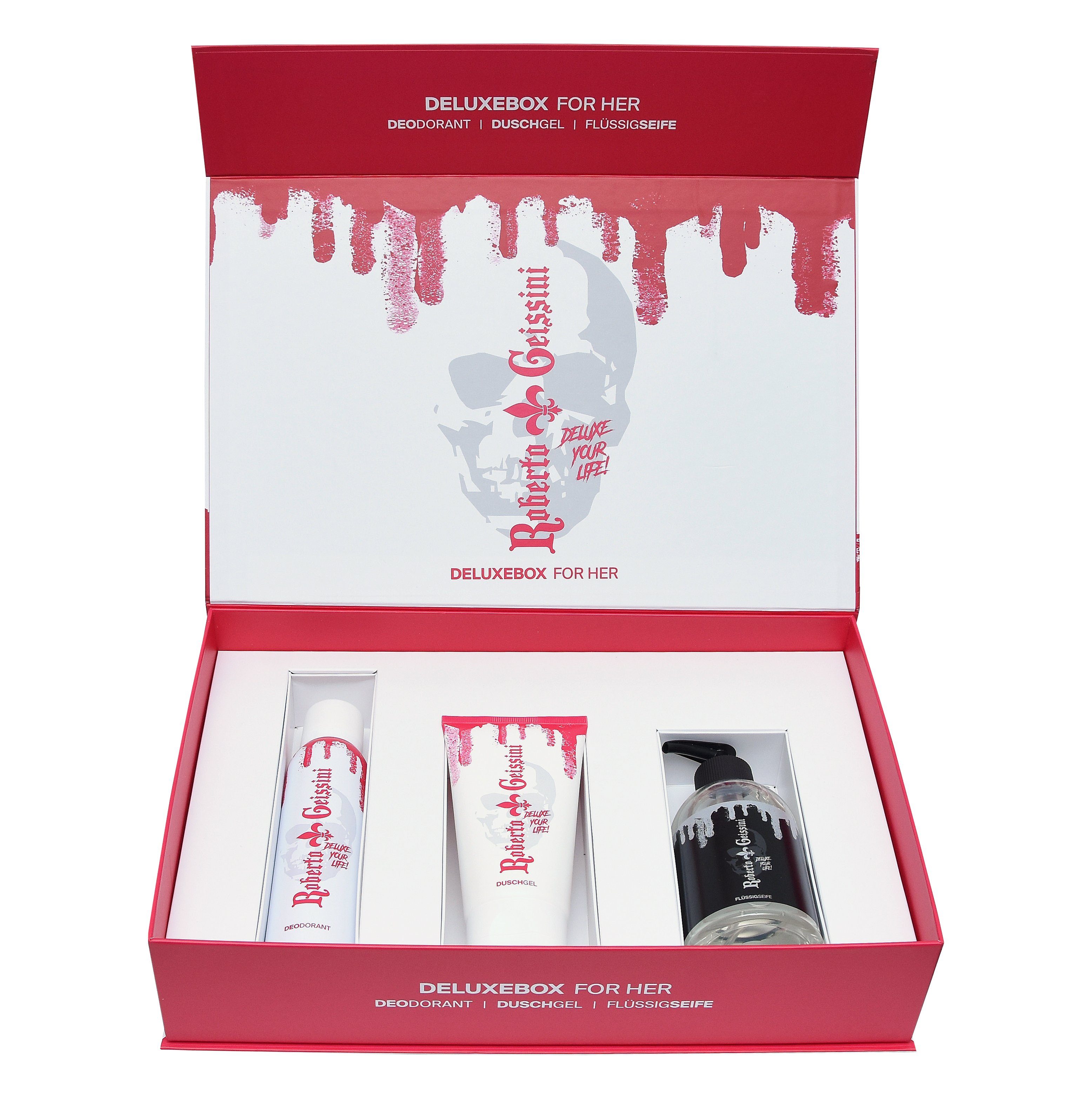 Roberto Geissini Pflege-Set Deluxe Geschenkbox für SIE PINK Körperpflege Set 3 tlg. Set, 3-tlg., Deo 150ml, Duschgel 150ml, Flüssigseife 300 ml