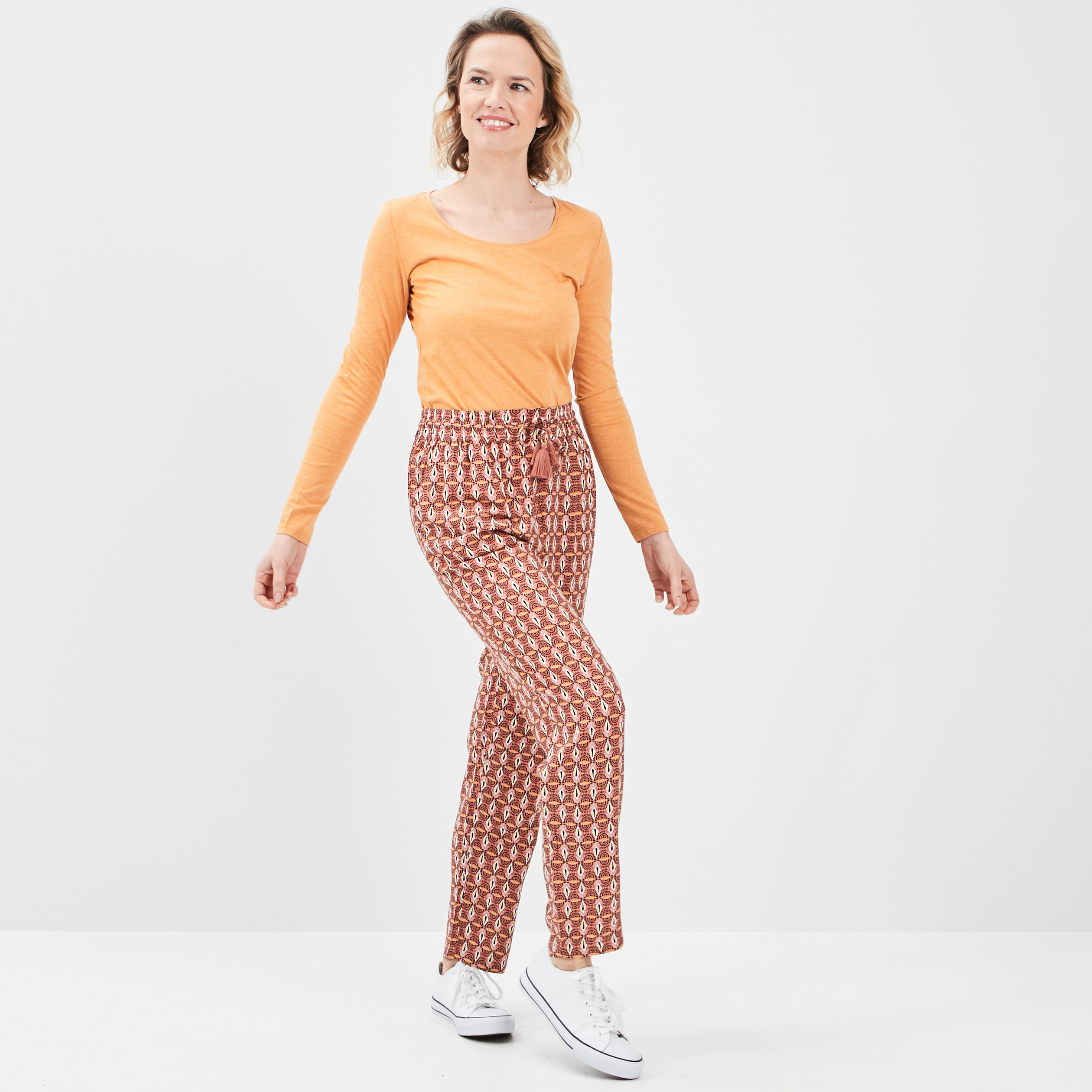 Pantalon droit fluide à pampilles vieux rose femme | La Halle