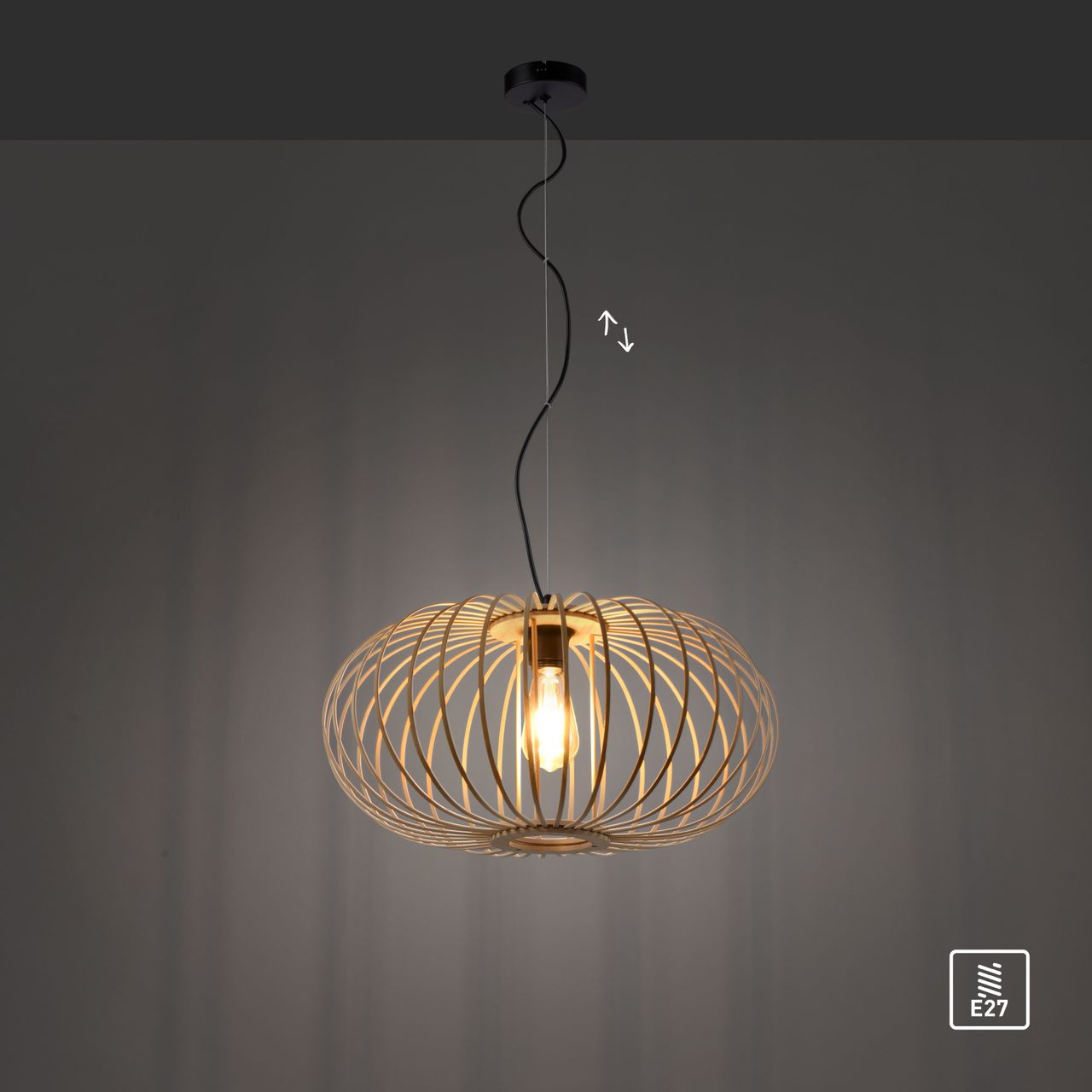 JUST LIGHT LeuchtenDirekt Pendelleuchte RACOON, Materialmix, Holz-natur, 1-flg., 1xE27/40W exkl., Ø50cm