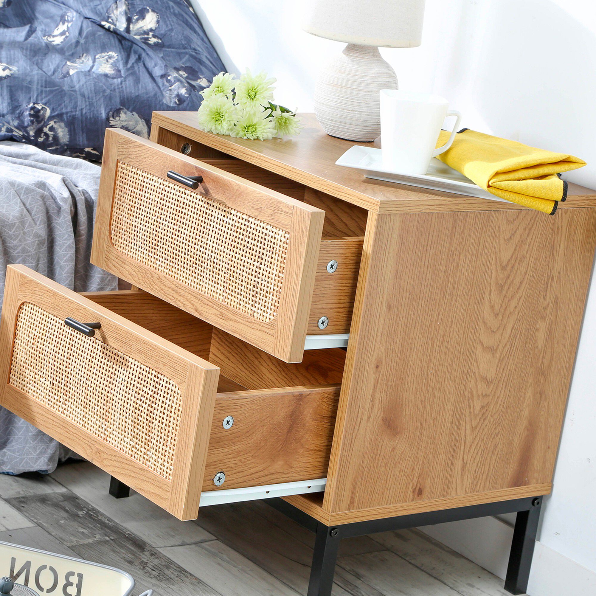 Table de chevet WICKOOD 2 tiroirs avec cannage rotin