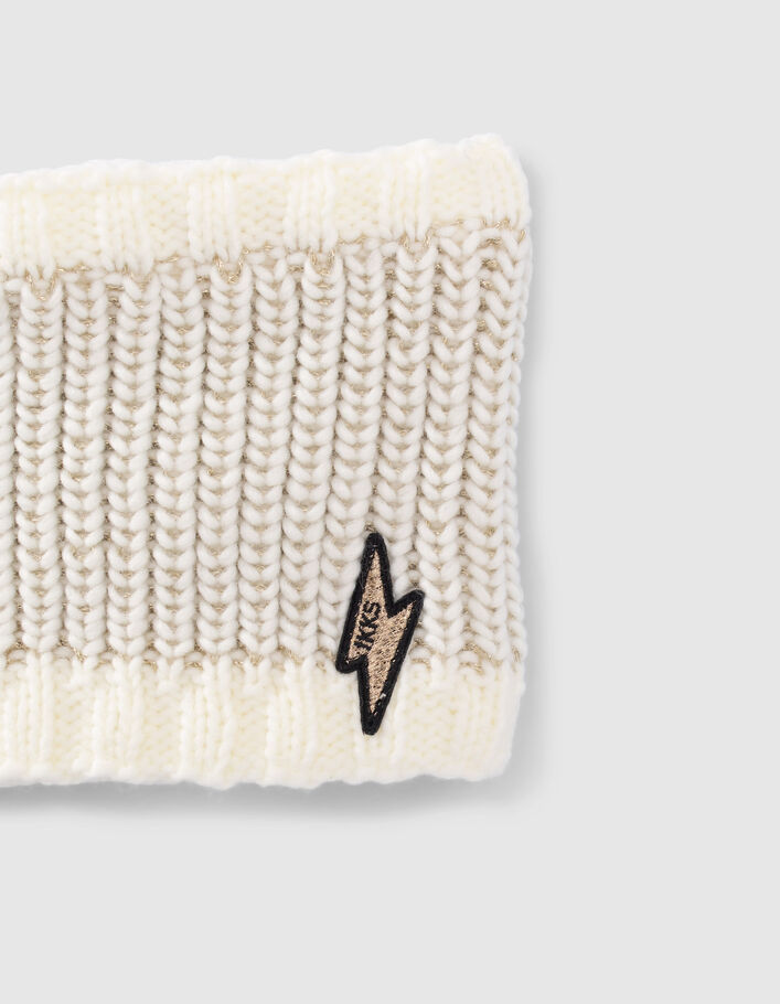 Snood écru tricot lurex doré badge éclair bébé fille