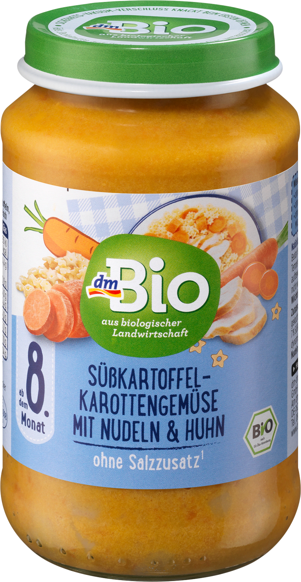 Menü Süßkartoffel-Karottengemüse mit Nudeln und Huhn, ab dem 8. Monat, 220 g